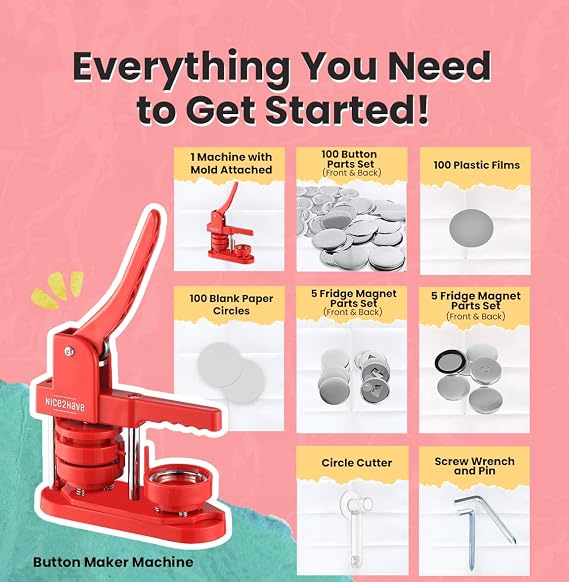 Button Maker Machine 2.25 Inch Pin Maker Kit - Single Mold, 100 Buttons, 5 Fridge Magnets, 5 Bottle Openers, Cutters, and 500+ Button Designs for DIY Crafts (Red)