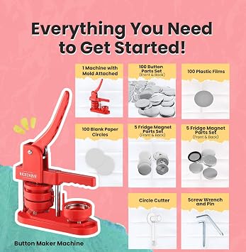 Button Maker Machine 2.25 Inch Pin Maker Kit - Single Mold, 100 Buttons, 5 Fridge Magnets, 5 Bottle Openers, Cutters, and 500+ Button Designs for DIY Crafts (Red)