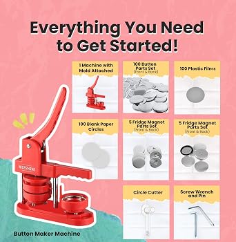 Button Maker Machine 58mm (2.25 Inch) Badge Maker Kit - Single Mold, 100 Badges, 5 Fridge Magnets, 5 Bottle Openers, Cutter, and 500+ Badge Designs for DIY Crafts (Red)