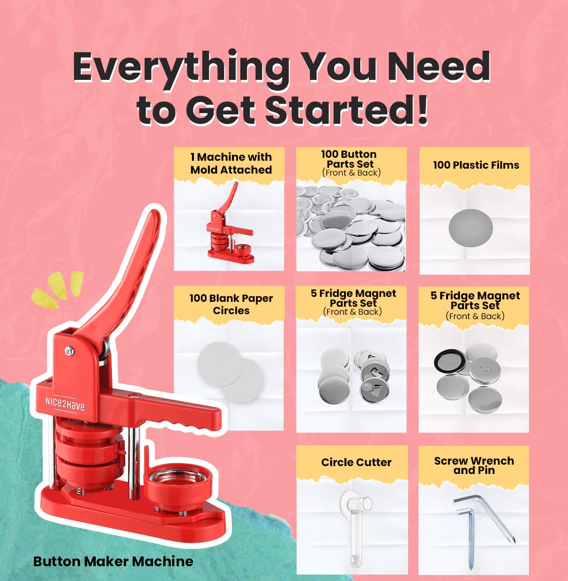 Nice2Have Máquina para hacer insignias de 58 mm (2.25 pulgadas) – (100 insignias, 5 abrebotellas, 5 imanes de nevera, más de 500 diseños, cortador circular y libro mágico) – Kit de fabricación de