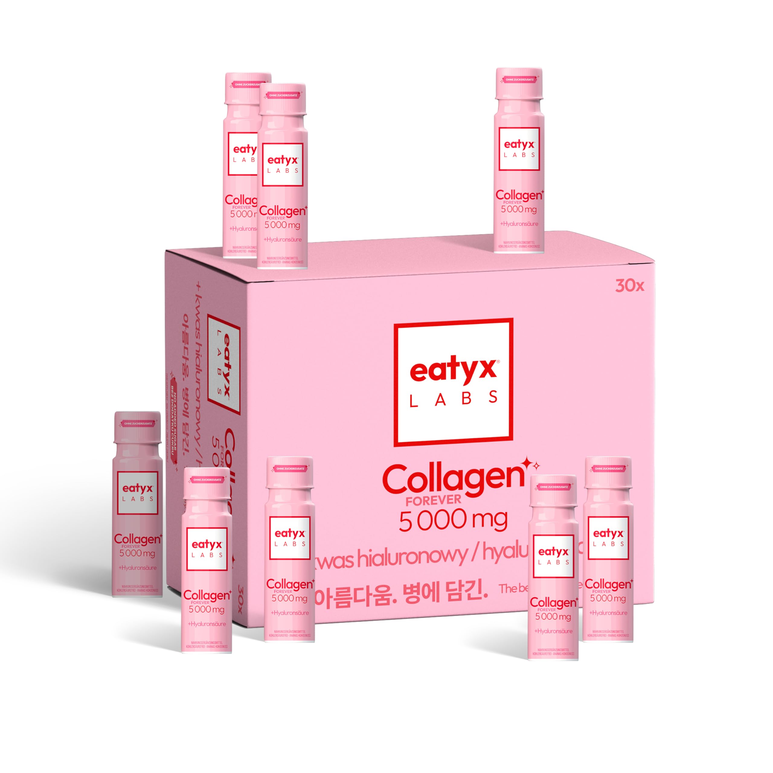 EATYX Labs Collagen Forever 30×80 ml – 30-dniowa kuracja kolagenowa 5000 mg, suplement diety na skórę, włosy i paznokcie, witaminy i kwas hialuronowy