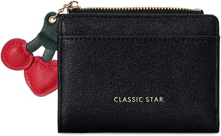 Andiker Slim Wallet for Women, Cute Cherry Pendant Bifold Women's Wallet with Zipper Pocket, ID Window, 5 Card Slots and Cash Compartment (Black)