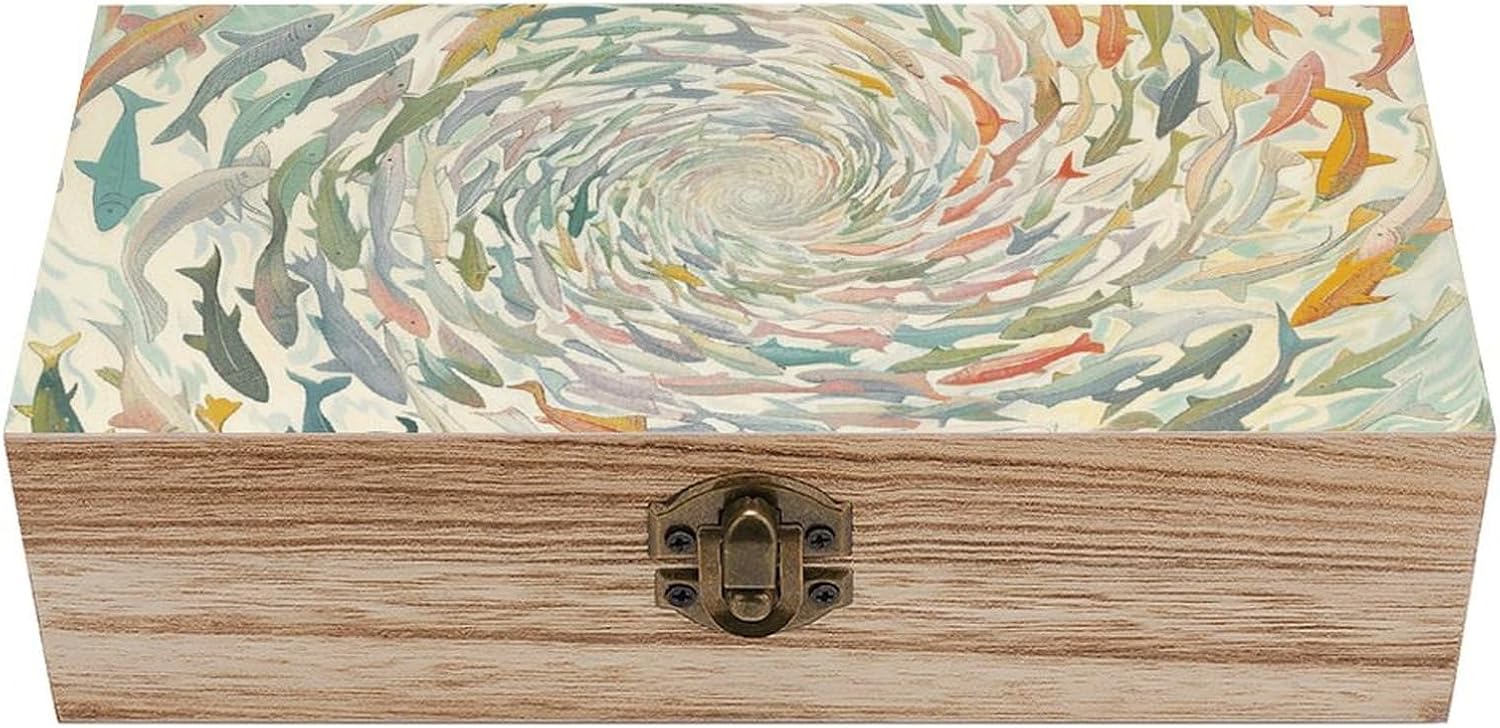 Wooden Storage Box Colorful Swirls of Fish Wood Gift Box with Hinged Lid Jewelry Memory Case