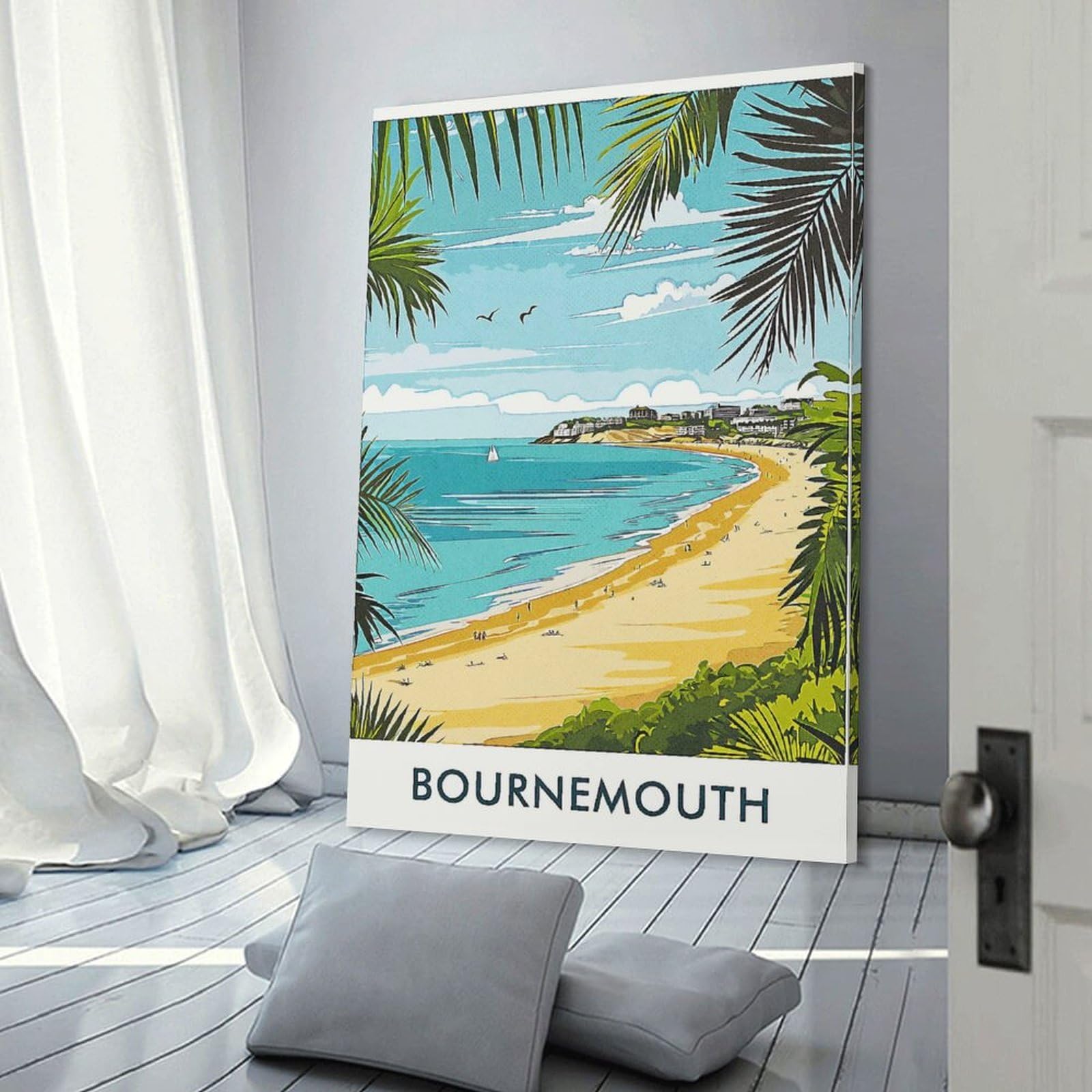 Junmoney Bournemouth Beach Illustration Wall Picture Print 24x36inch(60x90cm), for Corridors, Hallways Or Apartment Entries, Wall Decor to Refresh Empty Corners