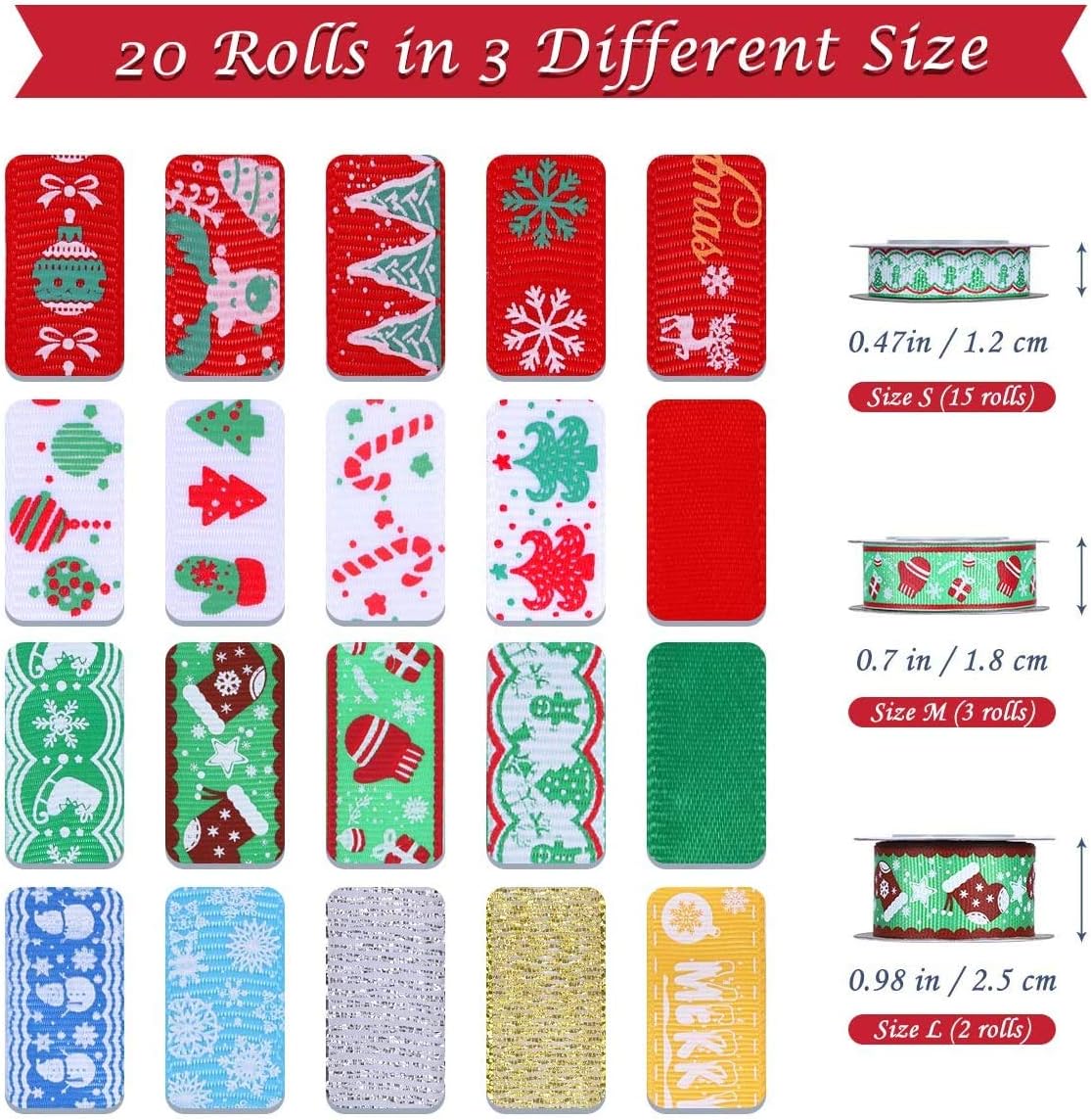 Unomor 20 Rolls Christmas Ribbons Holiday Polyester Grosgrain Ribbon for Wrapping Hair Bows DIY Craft, Party Decorations Multi-Color
