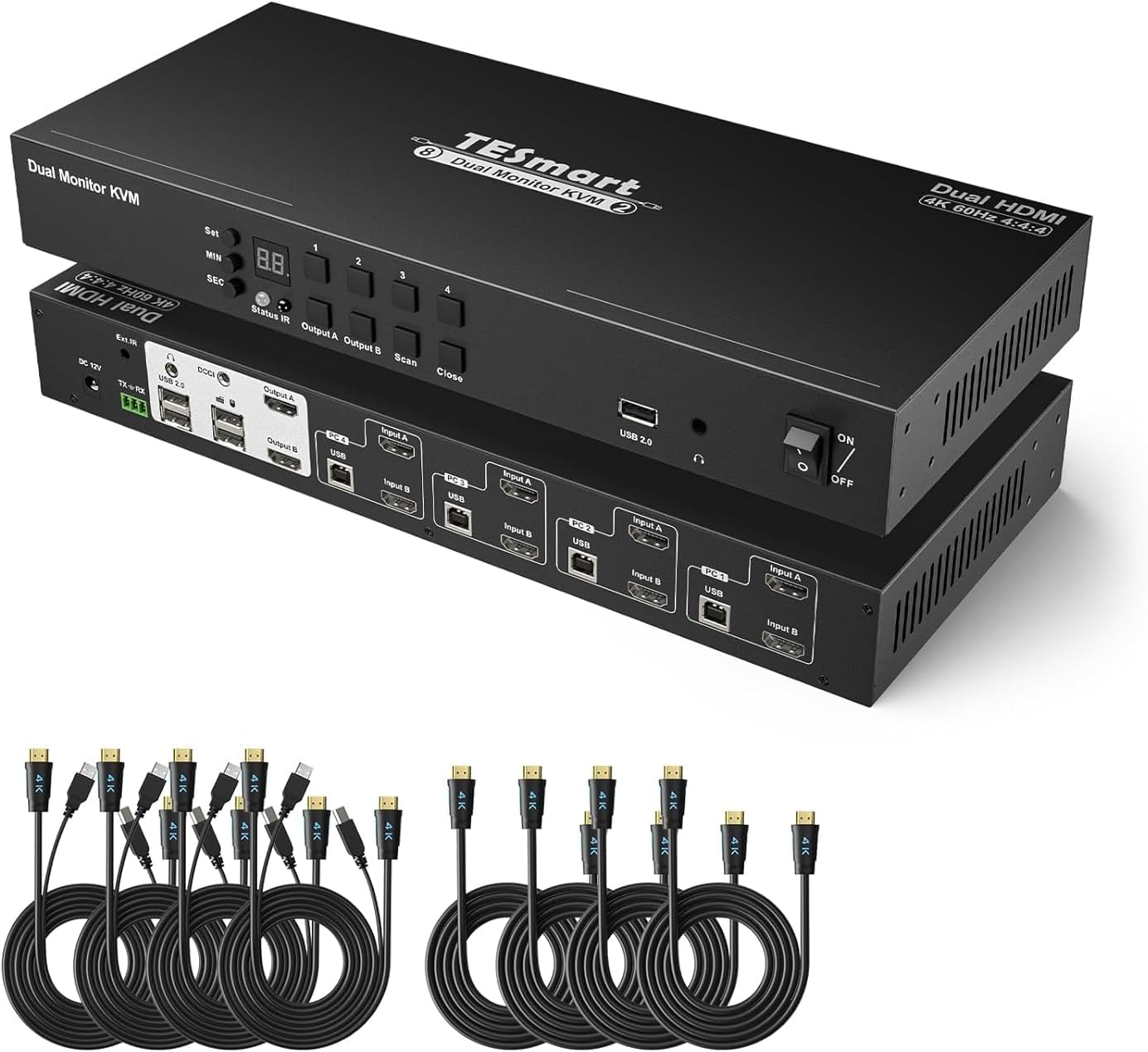 TESmart USB-C + HDMI MST&EDID KVM Switch 2 Monitors 4 Computers 4K@60Hz, USB 3.0 Dual Monitor USB-C KVM Docking Station for 2 Laptops & 2 PCs, Headset, Hotkey Switch, Input Cables