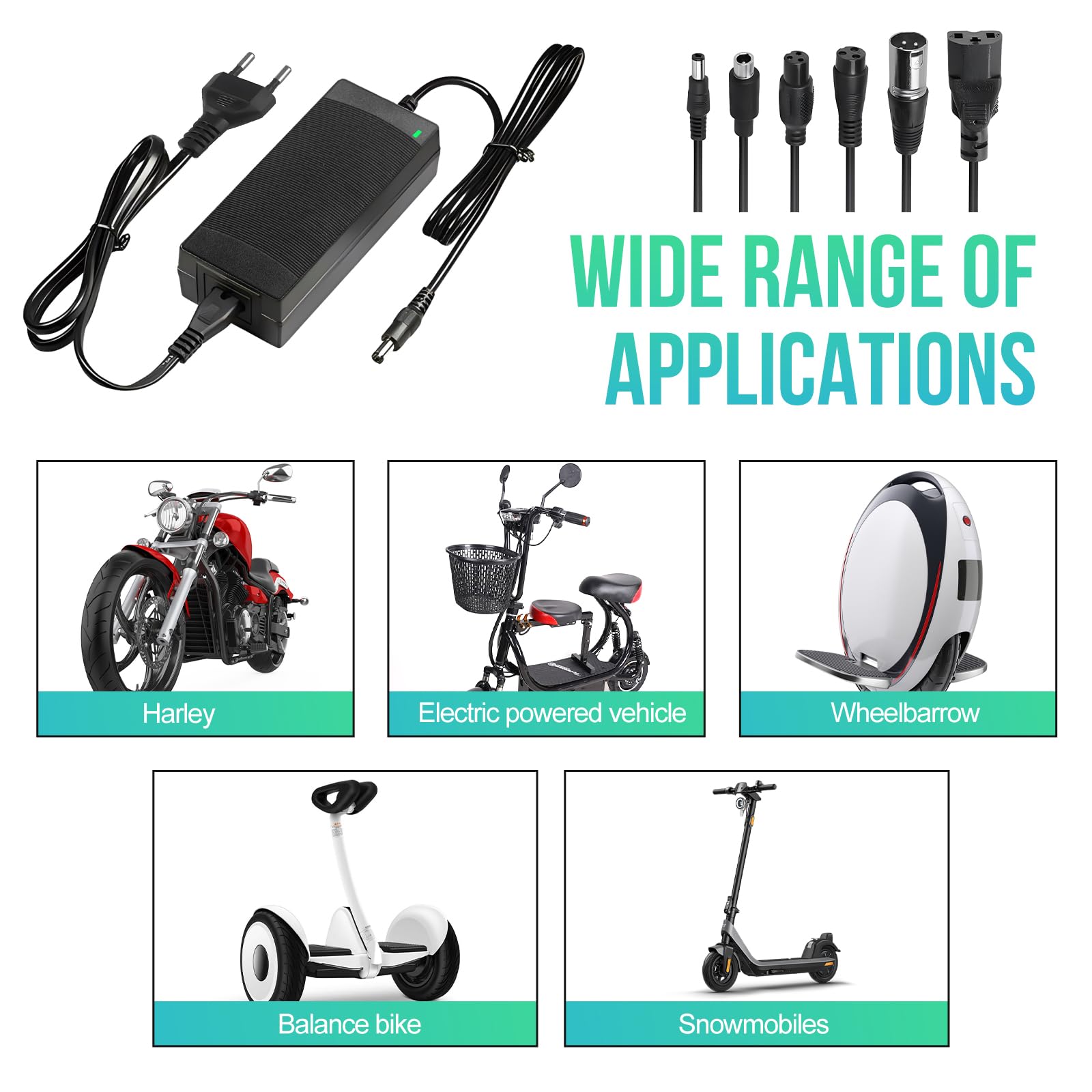 RoserRose Hoverboard kabel do ładowania, ładowarka do skutera elektrycznego, 42 V, 2 A, 6 przyłączami, zasilacz sieciowy AC, ładowarka do deskorolki elektrycznej i rowerów elektrycznych