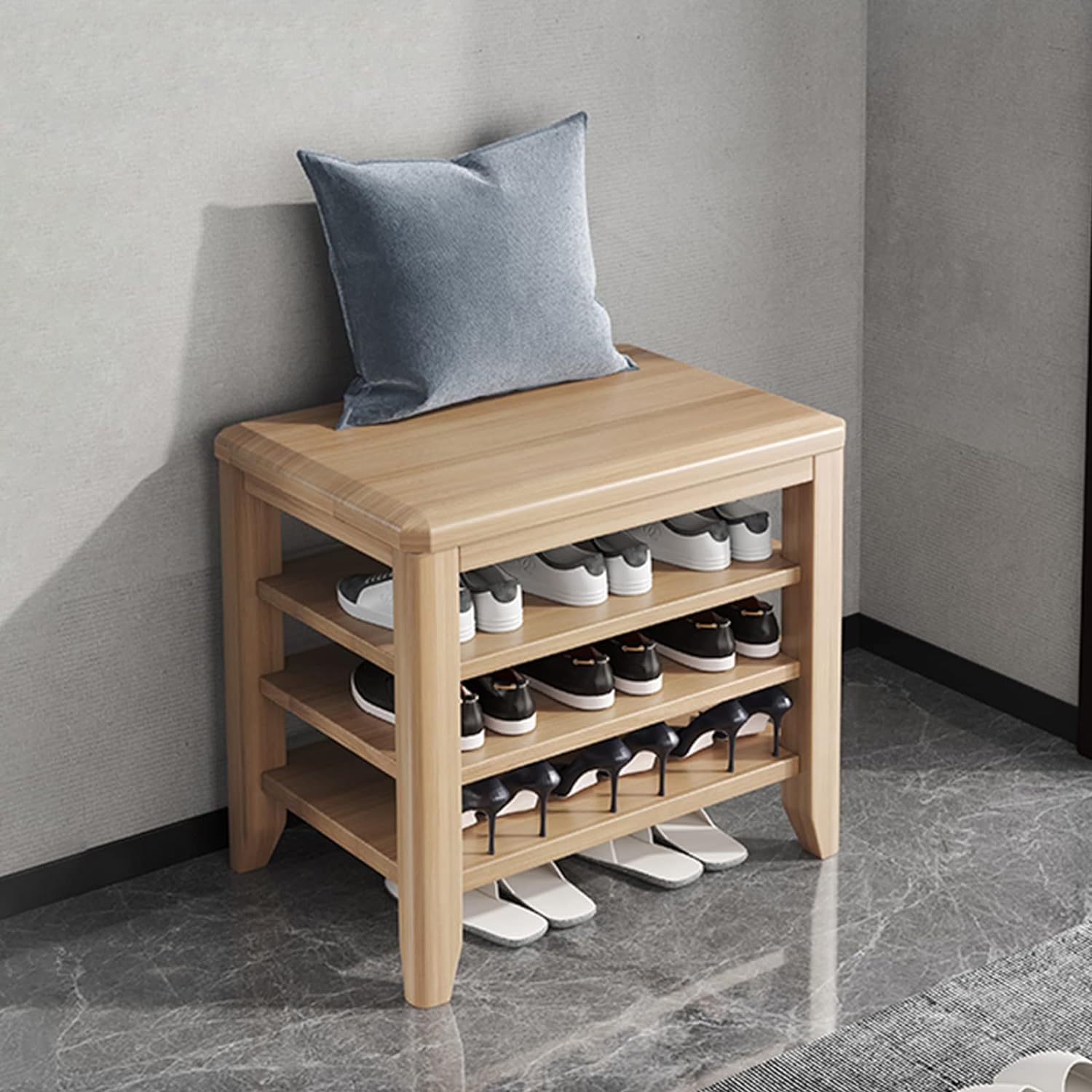 Banc de rangement pour chaussures en bois massif, la solution pour ordonner un couloir encombré