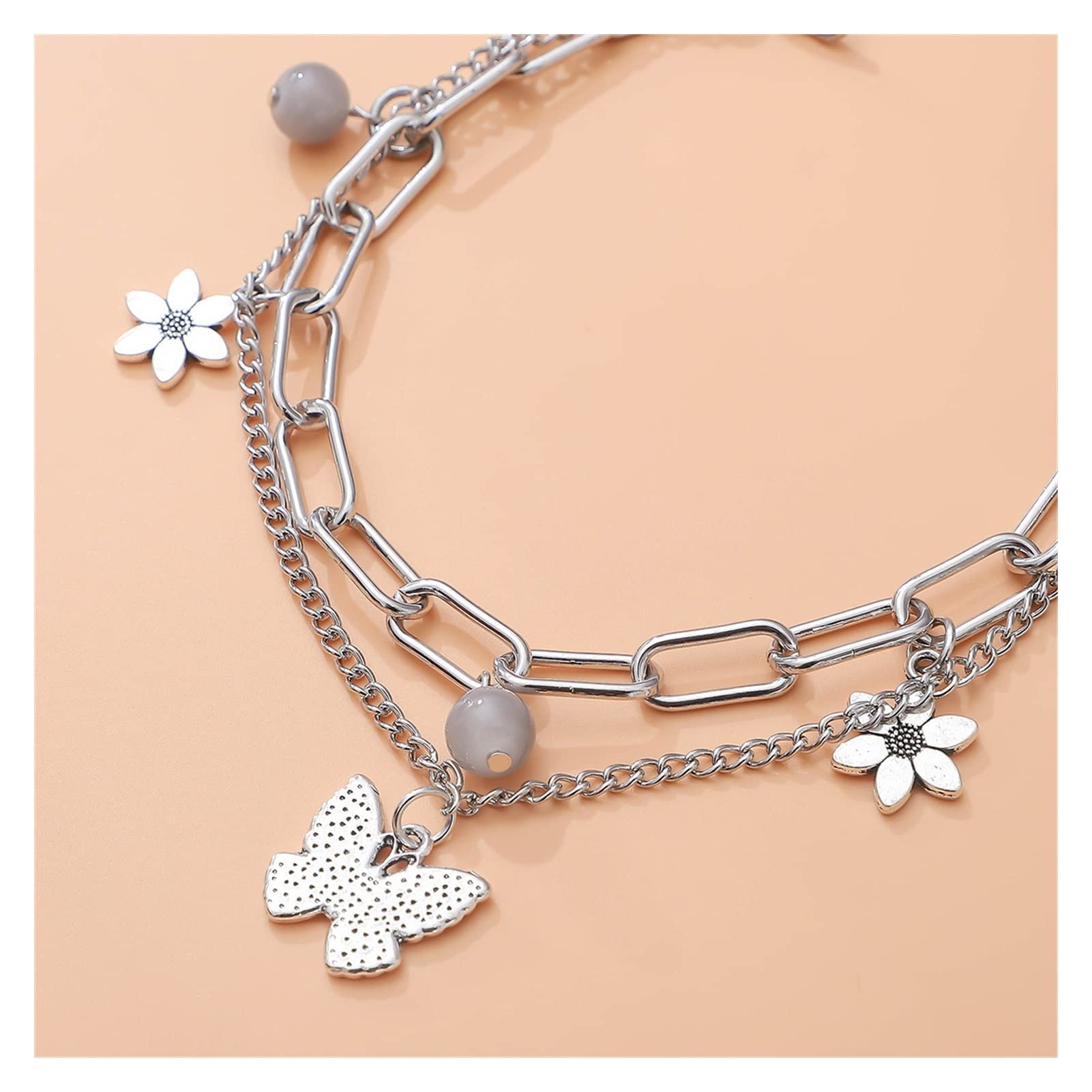 Fußkettchen mit Schmetterlings-Motiv, mehrschichtige Kette, Fußkettchen mit Blumen-Kristall, verstellbare Fußkettchen für Damen