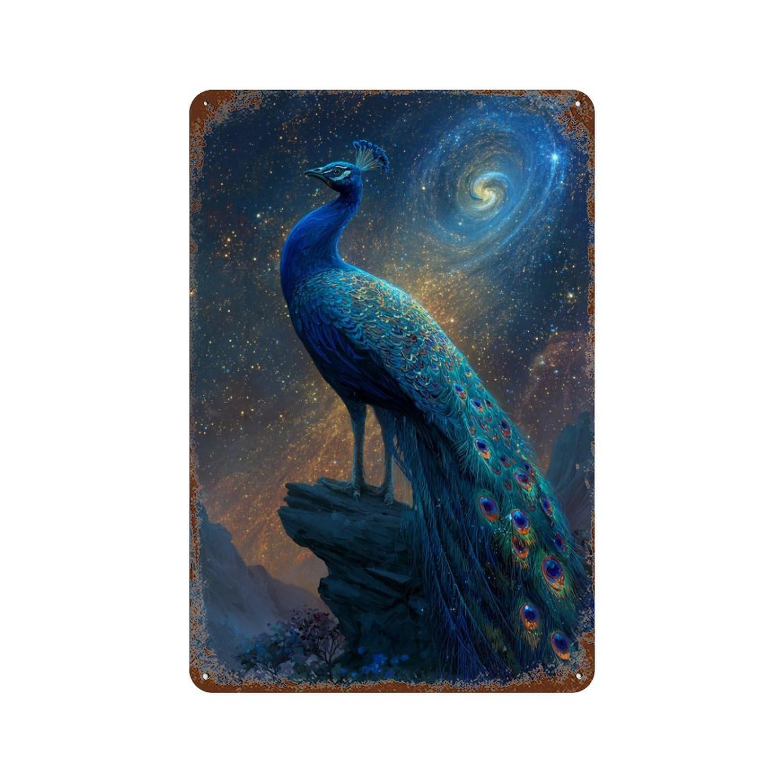 Galactic Peacock Majesty Weathered Tin Sign 11.8"x7.9", Decorative Metal Wall Art for Garage, Bar And Workshop Decor