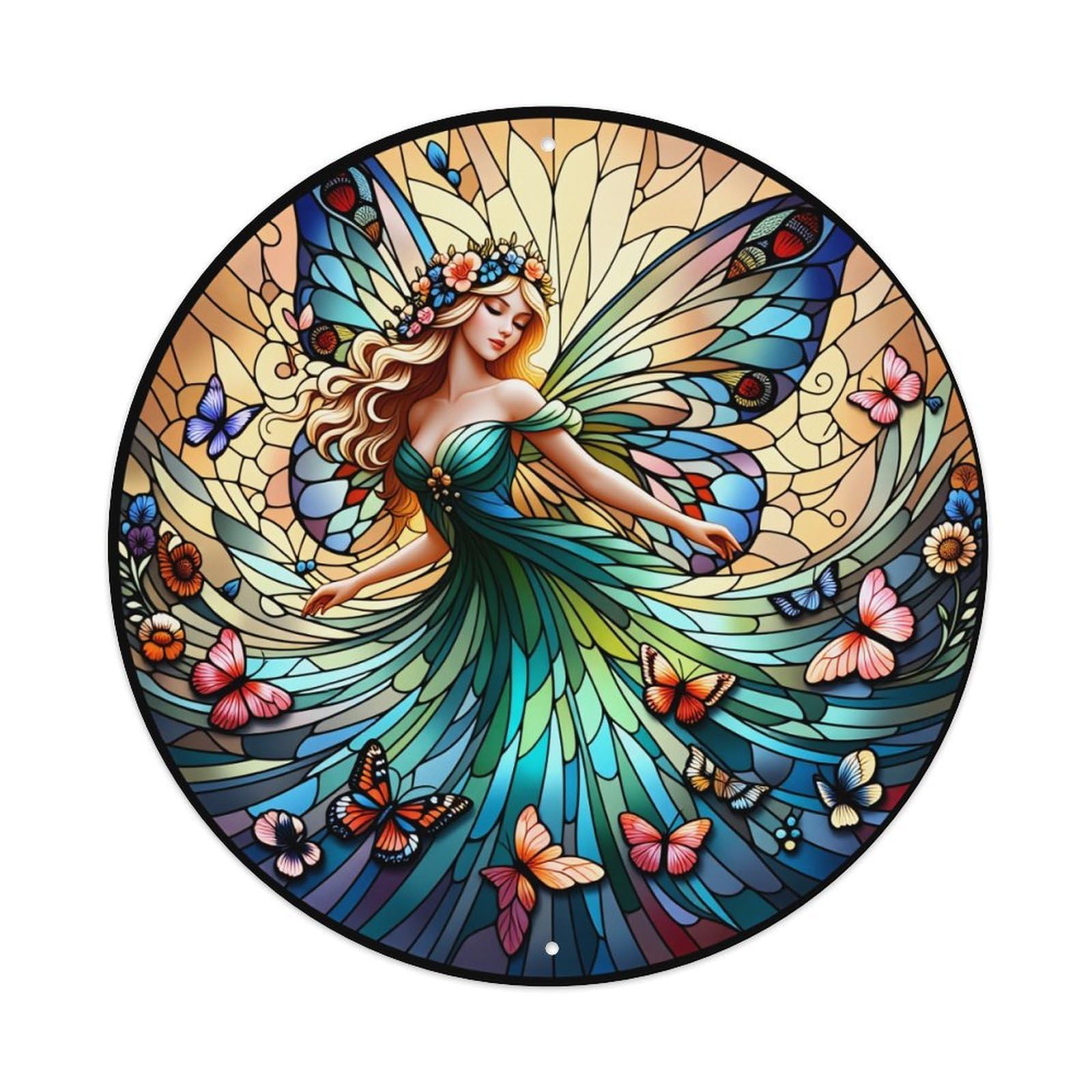 Fairy Wings Butterflies Flowers Art Round Tin Sign Vintage Metal Poster Retro Bar, Home, Man Cave, Kitchen, Laundry Room Wall Art Decor Gift 8x8Inch
