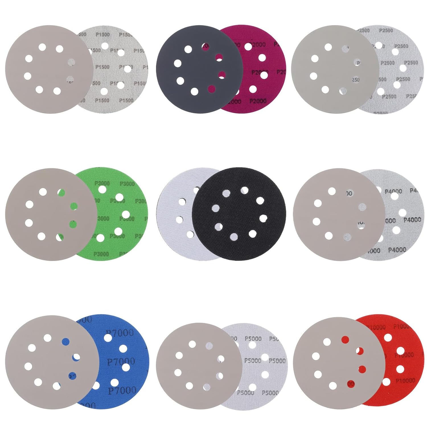 80Pcs 5 inch 8 Hole Sanding Discs, Hook and Loop Sandpaper 1500/2000/2500/3000/4000/5000/7000/10000 Grits Wet Dry Sandpaper with 2Pcs Interface Pads for Orbital Sander Car Wood Metal Plastic Polishing