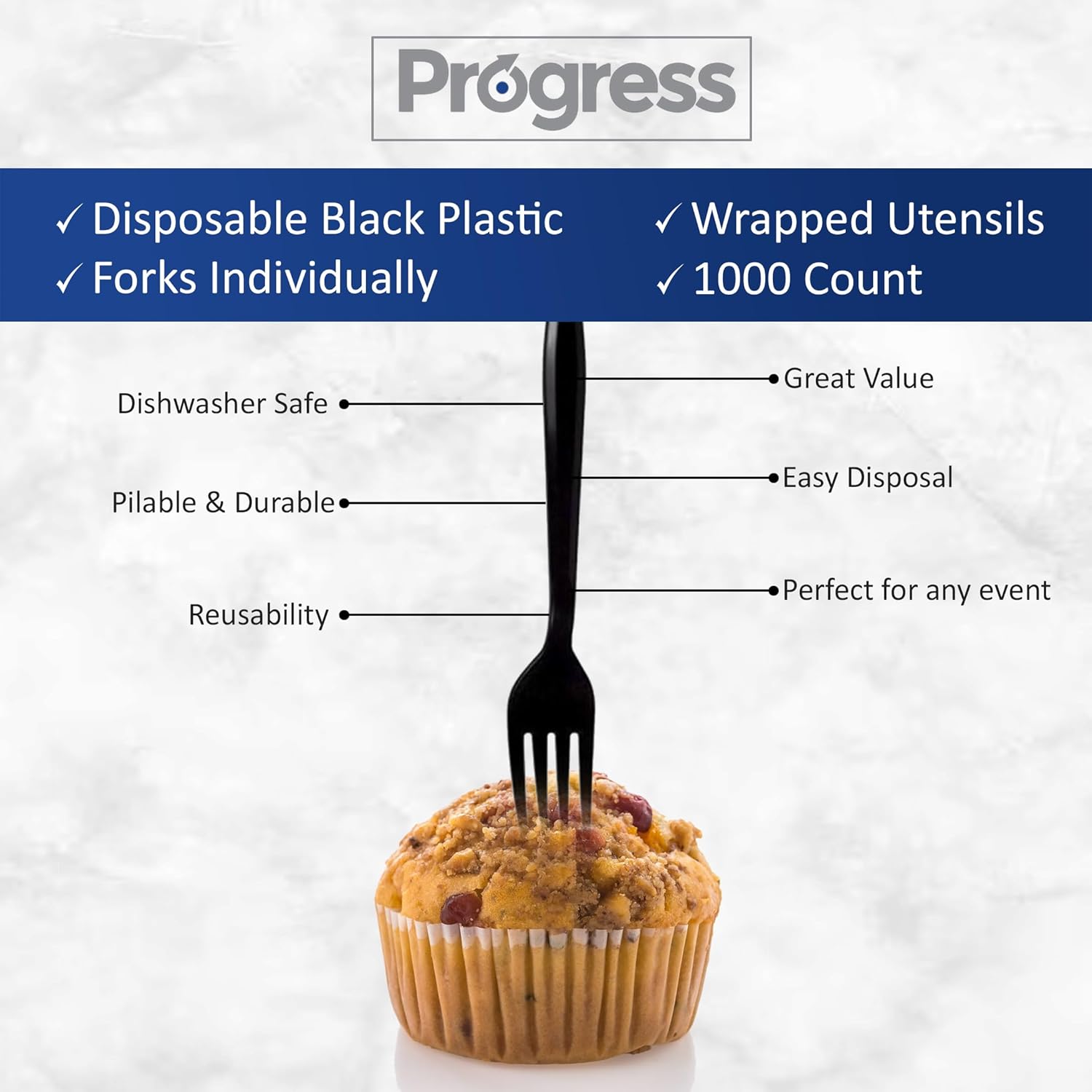 Progress Plastic Cutlery Individually Wrapped Forks Heavy Duty Black Disposable forks [1000 Count - Bulk] Strong & Durable Black forks for BBQ, Party Supplies Restaurants Office & all events