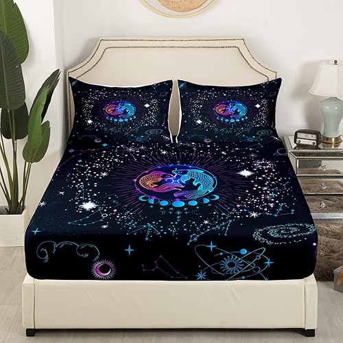 Vista 19 de Erosebridal Aries - Sábana bajera ajustable tamaño matrimonial, sábanas psicodélicas celestiales, sábanas de galaxia trippy de doce constelaciones
