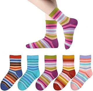 Girls SemlessCrew Cotton Socks Kids Casual Socks School Socks Rainbow Stripes 5 Pack