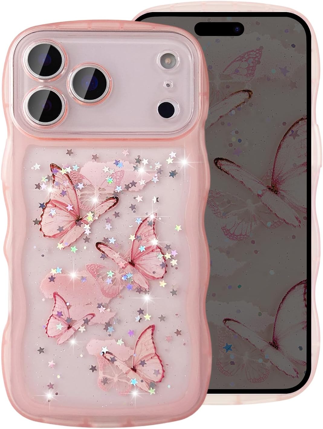 UEEBAI Wave Butterfly Case for iPhone 17 Pro Case, Pretty Bling Star Butterfly for Women Cute Shiny Glitter Phone Cover for Girls Bling Clear Cover Curly Shockproof Girly Shell - Pink - Image 2