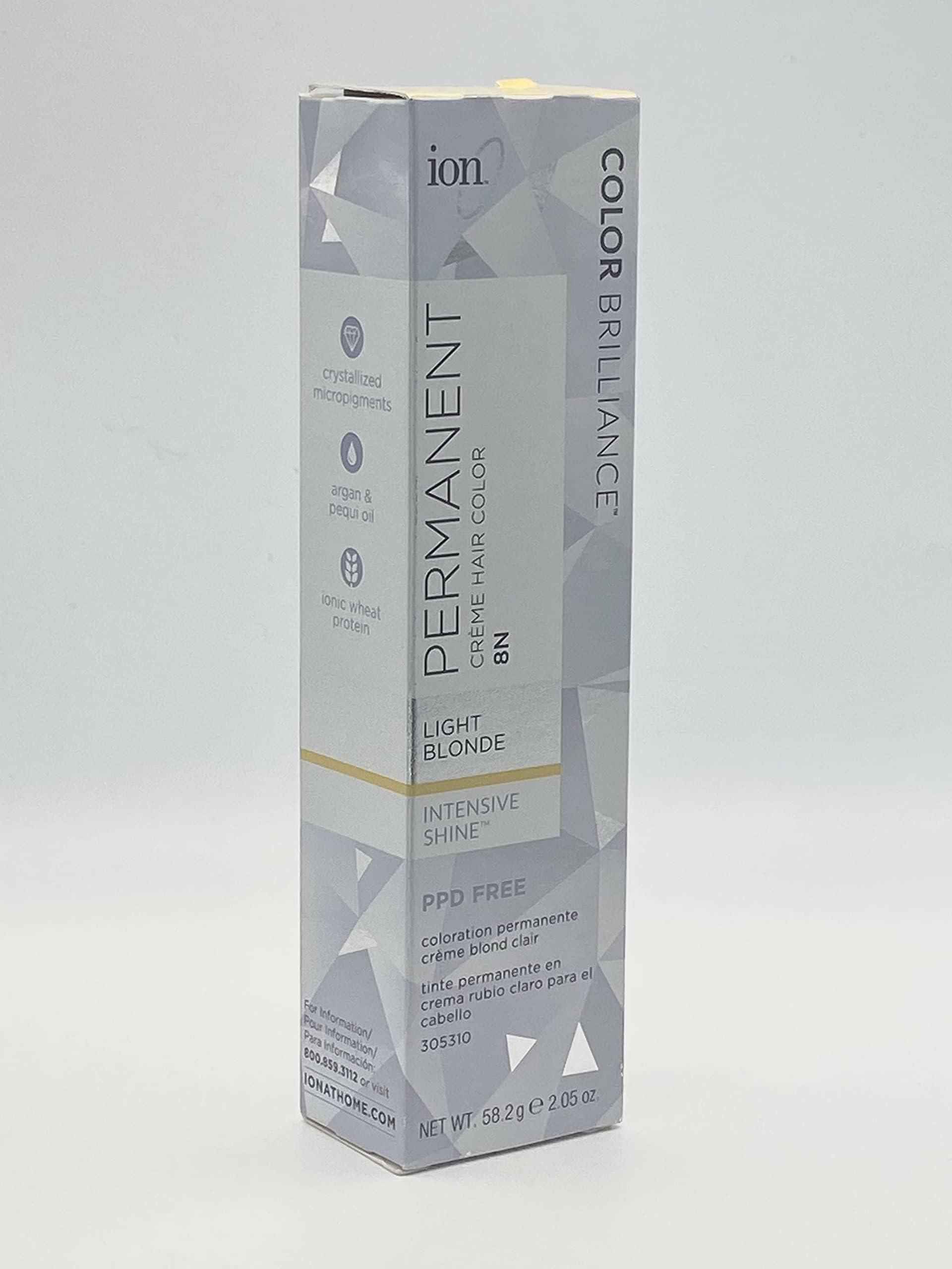 Ion Permanent Creme Hair Color 8N Light Blonde, Vegan, Cruelty Free, PPD Free, 100% Gray Coverage, Long Lasting, Fade Resistant Color, 2.05 oz