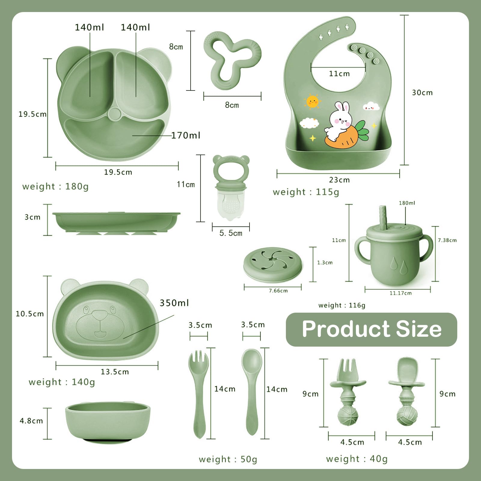 Coffret Repas Bébé 11 pièces Silicone Antidérapant avec Ventouse Assiette Bol Fourche Cuillère Bavoir Tasse Sans BPA Vert foncé
