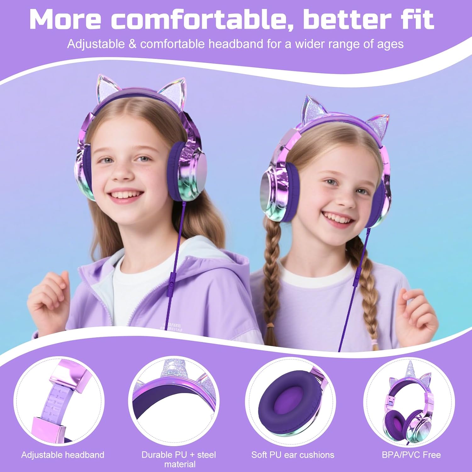 QearFun Kids Cat Ear Headphones Wired with Mic, 85/94dB Safe Volume Limit, Sparkly Wired Headset, Foldable, Sharing Port & Tangle-Free Cord for School, Chromebook, Tablet, Travel, Boys & Girls - Image 7