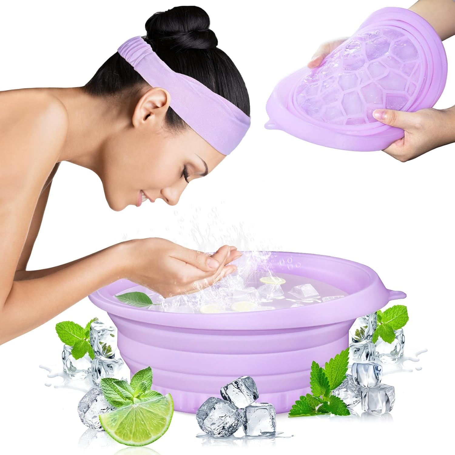 Foldable Ice Bowl with Built-In Ice Tray – Silicone Facial Ice Bath for Shrinking Pores, Boosting Circulation, Cold Plunge Skincare Gift for Men & Women (PARPLE)