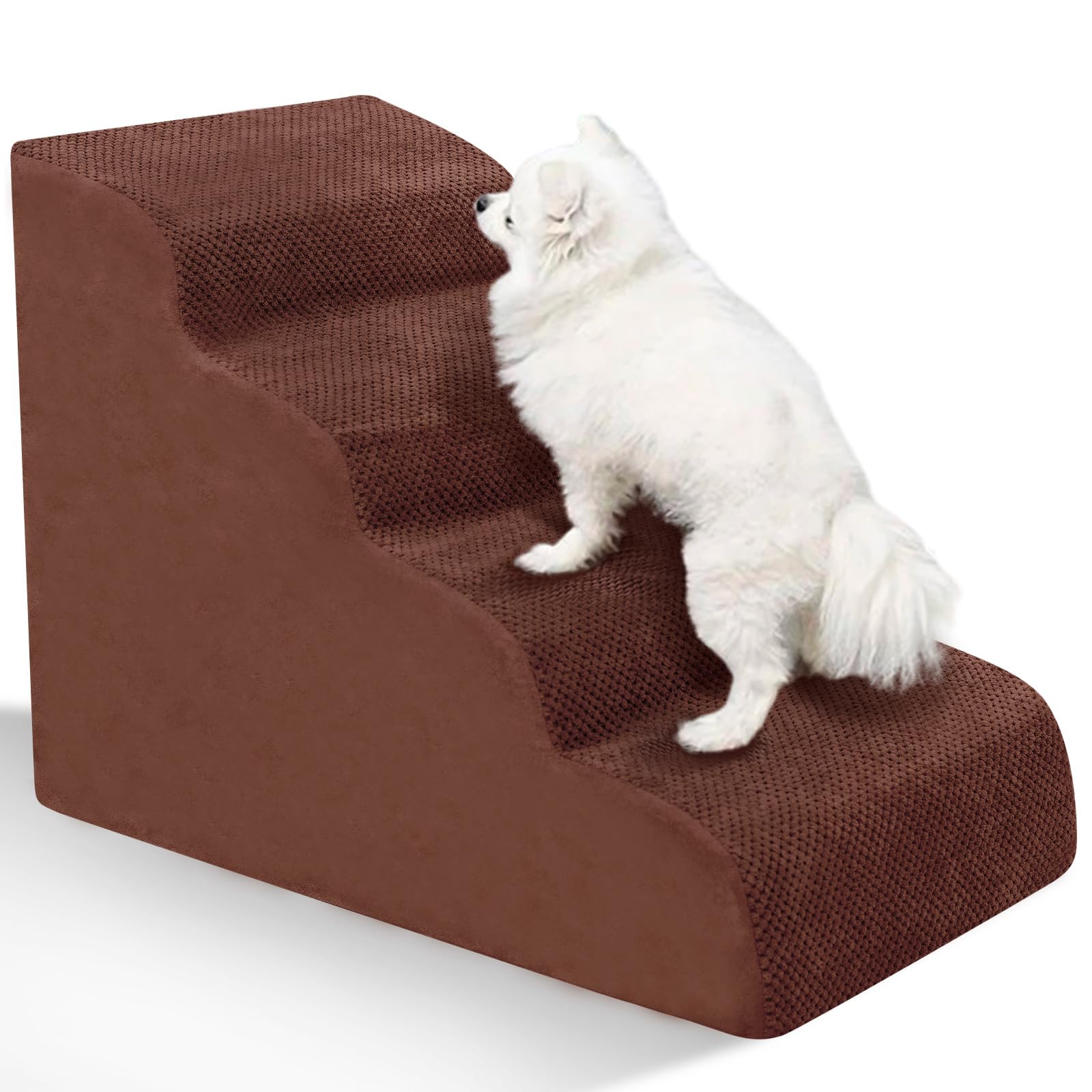 Dog Stairs for Small Dogs - High Density Foam Pet Steps, Extra Wide Dog Ramp with Non-Slip Bottom for High Beds, Couch and Sofa, Best for Dogs Injured, Older Doggy Cats,4 Steps, Brown