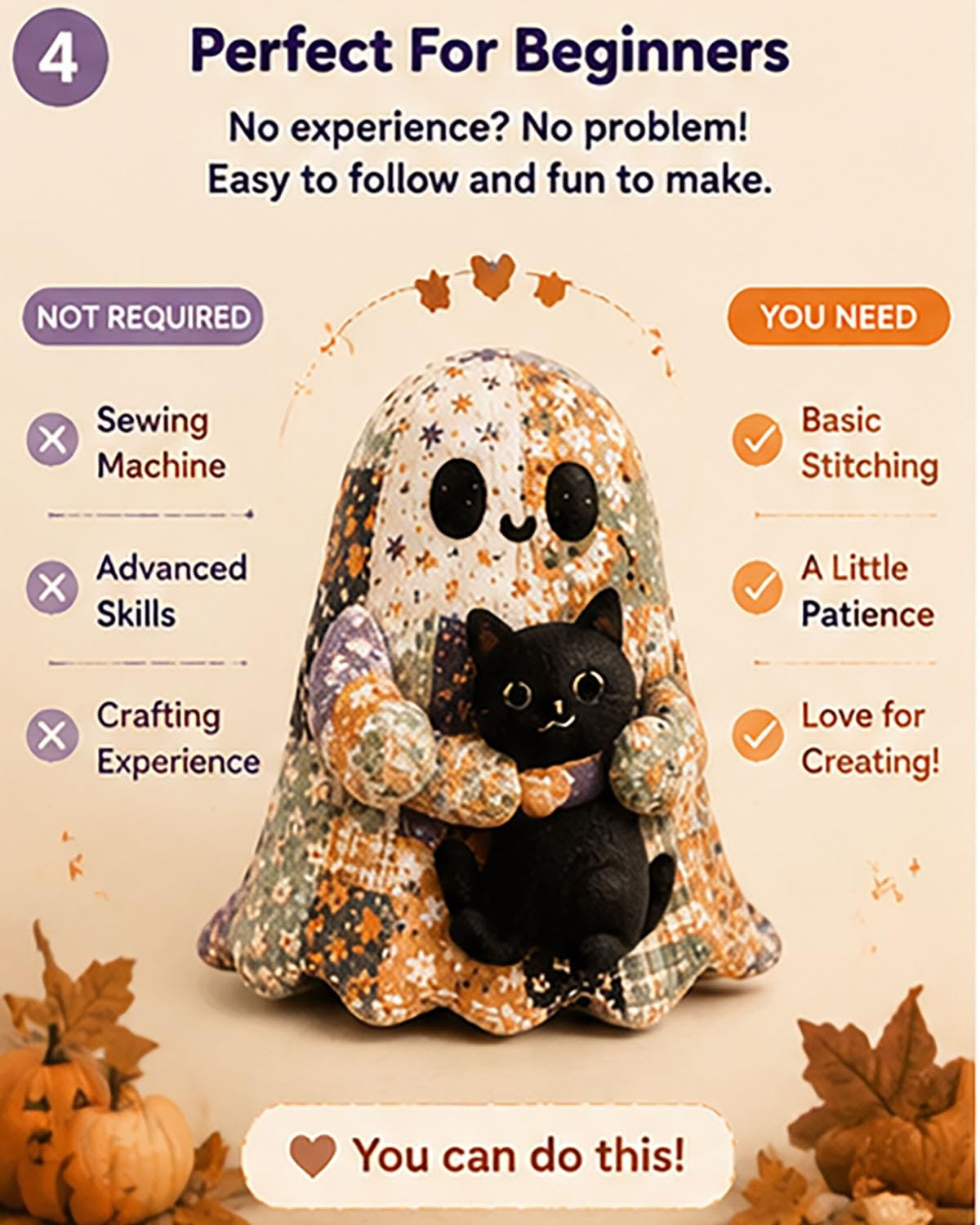 Little Ghost's Cozy Halloween DIY Patchwork Kit, Adorno de decoración Hecho a Mano, Regalo con Tela precortada, Kit de artesanía de Costura de Felpa de Fantasma Lindo Retro
