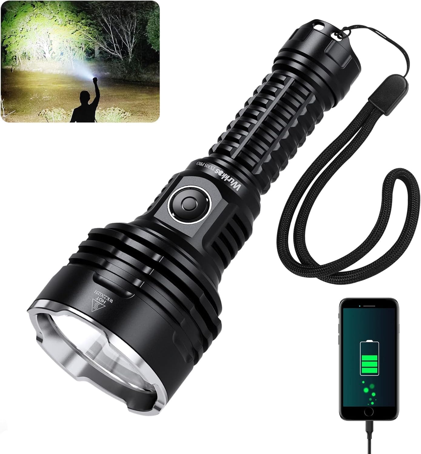 Wurkkos TS30S PRO flashlight connected via USB-C cable to a smartphone, indicating charging capability.