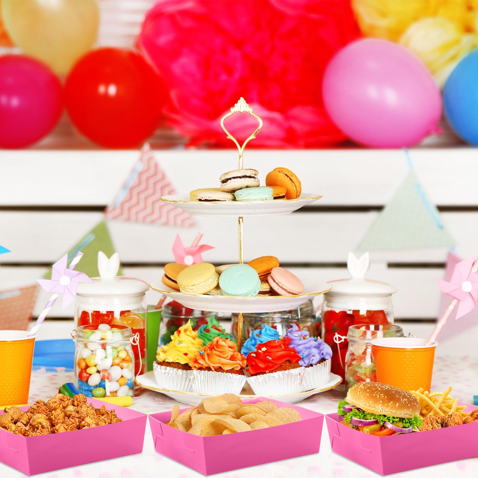 Uiifan 50 Pack Paper Food Tray 5 lb Large Food Boats Nacho Plates Disposable Serving Snack Trays Grease Resistant for Graduation Party Birthday Supplies(Hot Pink)