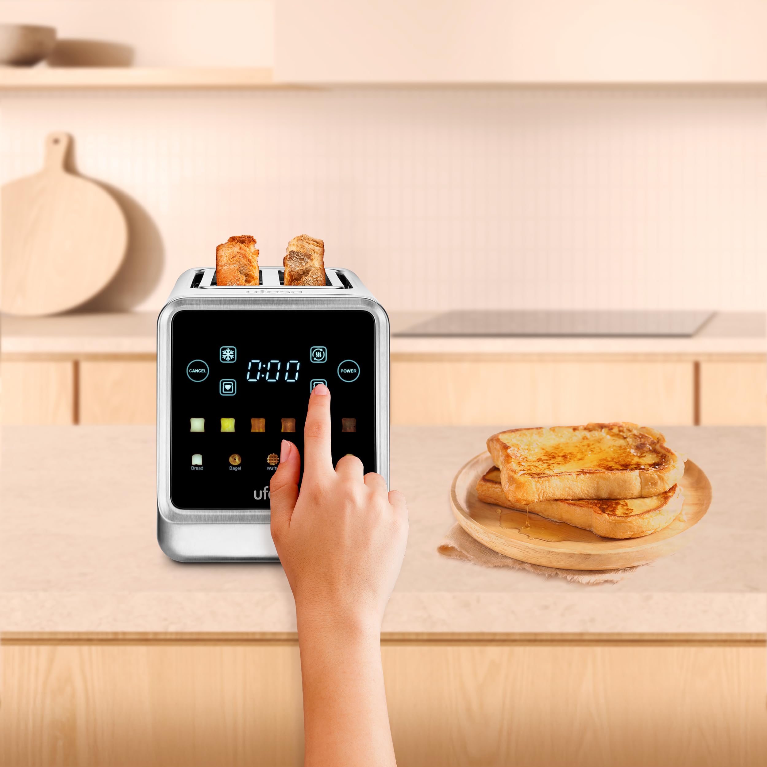 Ufesa One Touch Duo – Tostapane Digitale 850W, 2 Fessure, Schermo LED, 6 Livelli, Funzioni Pane, Bagel, Muffin, Waffle, Riscaldamento, Scongelamento, Memoria, Vassoio Raccoglibriciole
