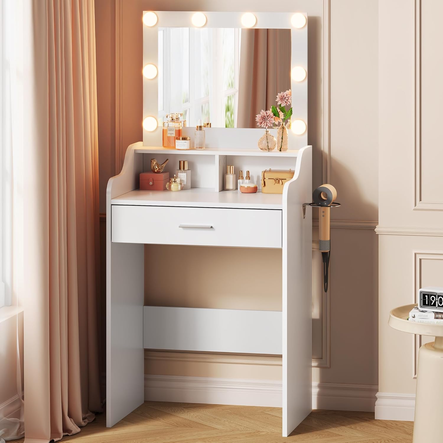 WLIVE Small Vanity Desk with Mirror and Lights, Makeup Vanity with Storage Drawer, Compact Vanity Table with 3 Color Lighting Modes, Vanity for Women Bedroom, White