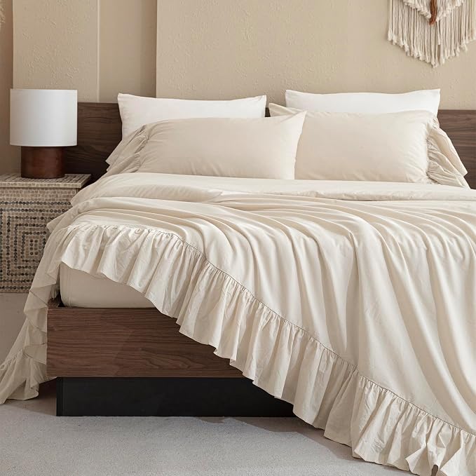 QSH 100% Cotton King Size Sheets,Ruffle Bed Sheets Wheat Farmhouse Shabby Vintage Chic Bedding 3 Pieces Aesthetic French Country Neutral King Bedding Soft Breathable