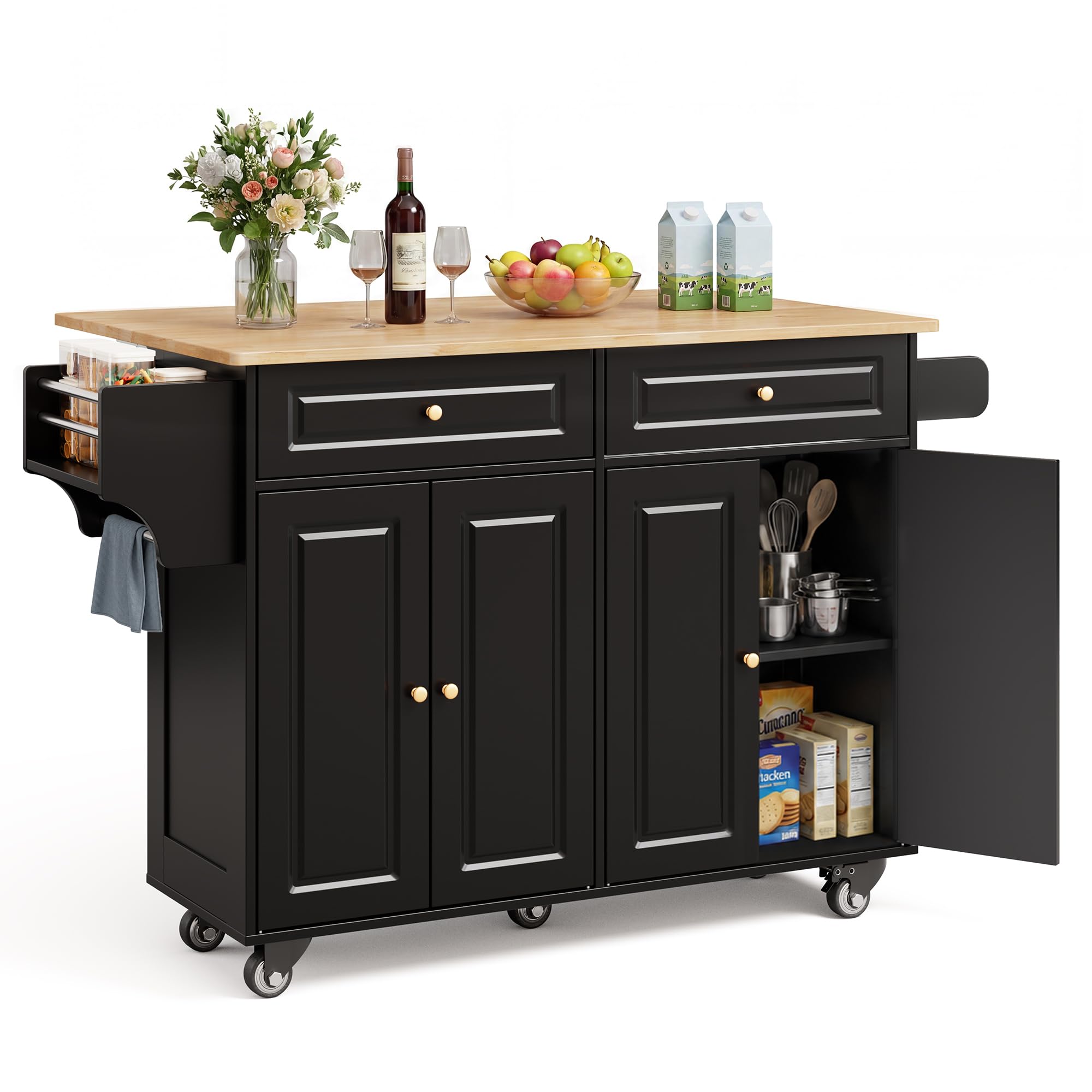 Xbro Carrello da Cucina Mobile con Ruote, Piano Pieghevole, Credenza 2 Cassetti 4 Ante, Salvaspazio con Portaspezie Portaasciugamani, 145x75x90 cm