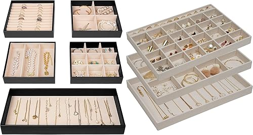 ProCase Juego de 5 bandejas apilables para joyas con juego de 3 organizadores apilables para joyas