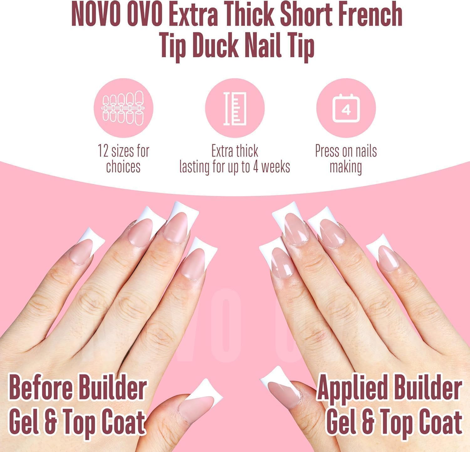 NOVO OVO White French Tip Short Duck Nail Tips Press on, BABY PINK Pre-designed Soft Gel Nail Extension - Image 2