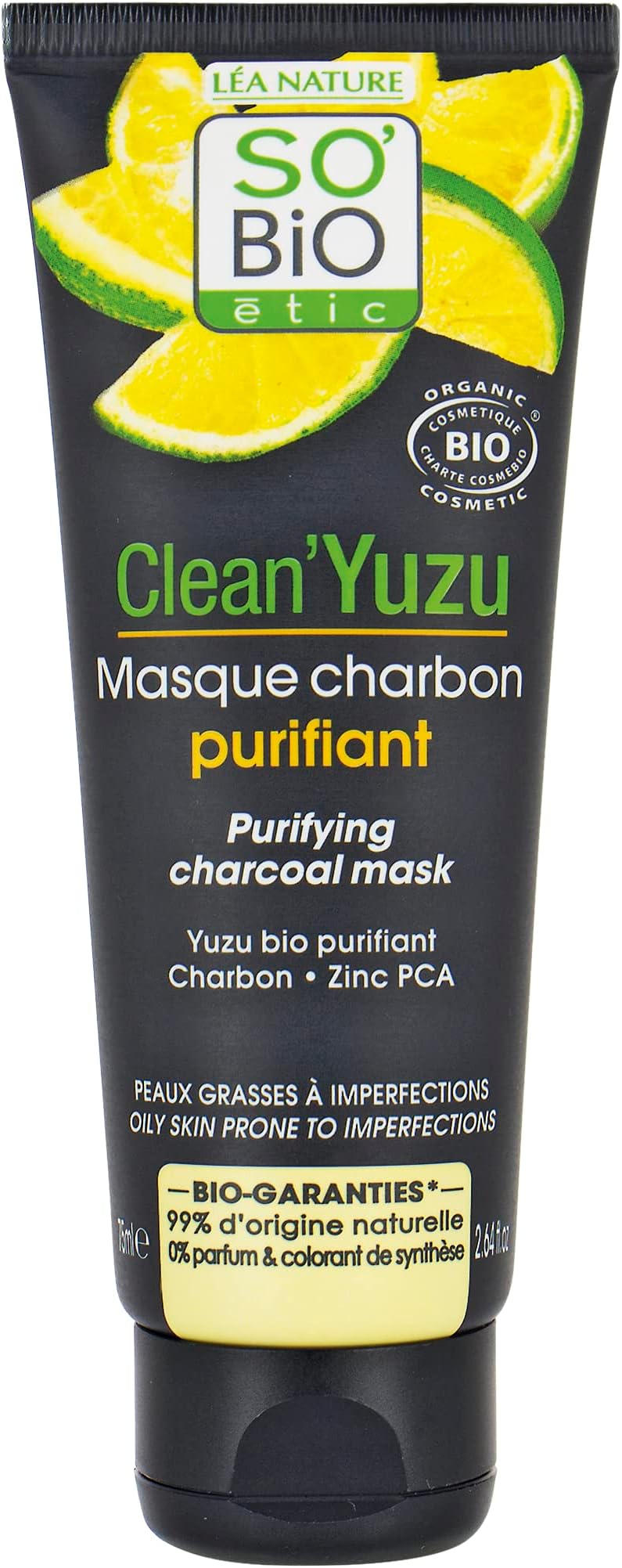 SO'BiO étic | Clean'Yuzu Purifying Charcoal Mask | Organic Oil Absorbing, Pore Minimizing Face Mask for Acne Breakouts, Blemishes, Impurities & Oily Skin | Kaolin Clay & Charcoal | 2.64 fl oz, 75ml.