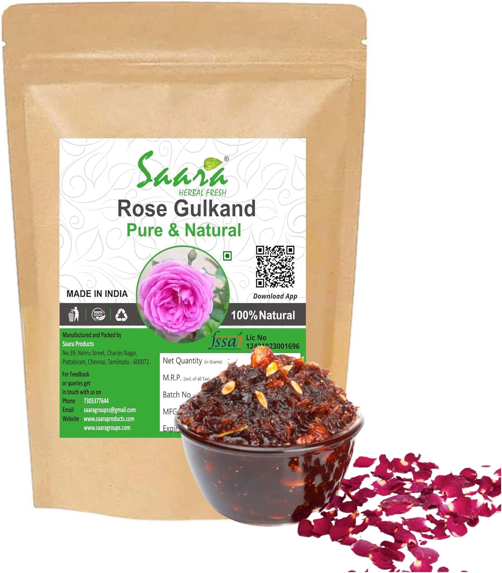 Saara HERBAL FRESH Rose Gulkand 450g, Sun-Cooked Damask Rose Petals & Sugar, Rose Petal Jam, Pure gulkand Organic, Gulkand for Paan (Pack of 4 x 100g, Pack of 1 x 50g)