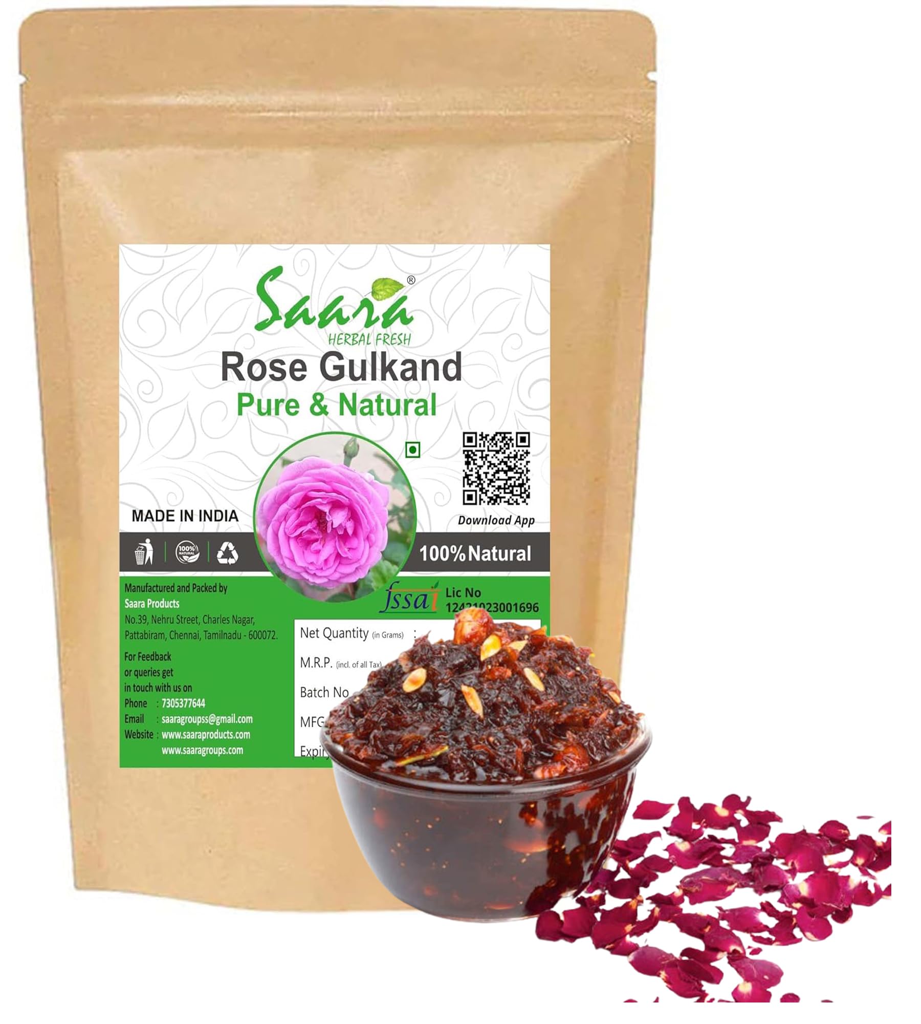 Saara HERBAL FRESH Rose Gulkand 450g, Sun-Cooked Damask Rose Petals & Sugar, Rose Petal Jam, Pure gulkand Organic, Gulkand for Paan (Pack of 4 x 100g, Pack of 1 x 50g)