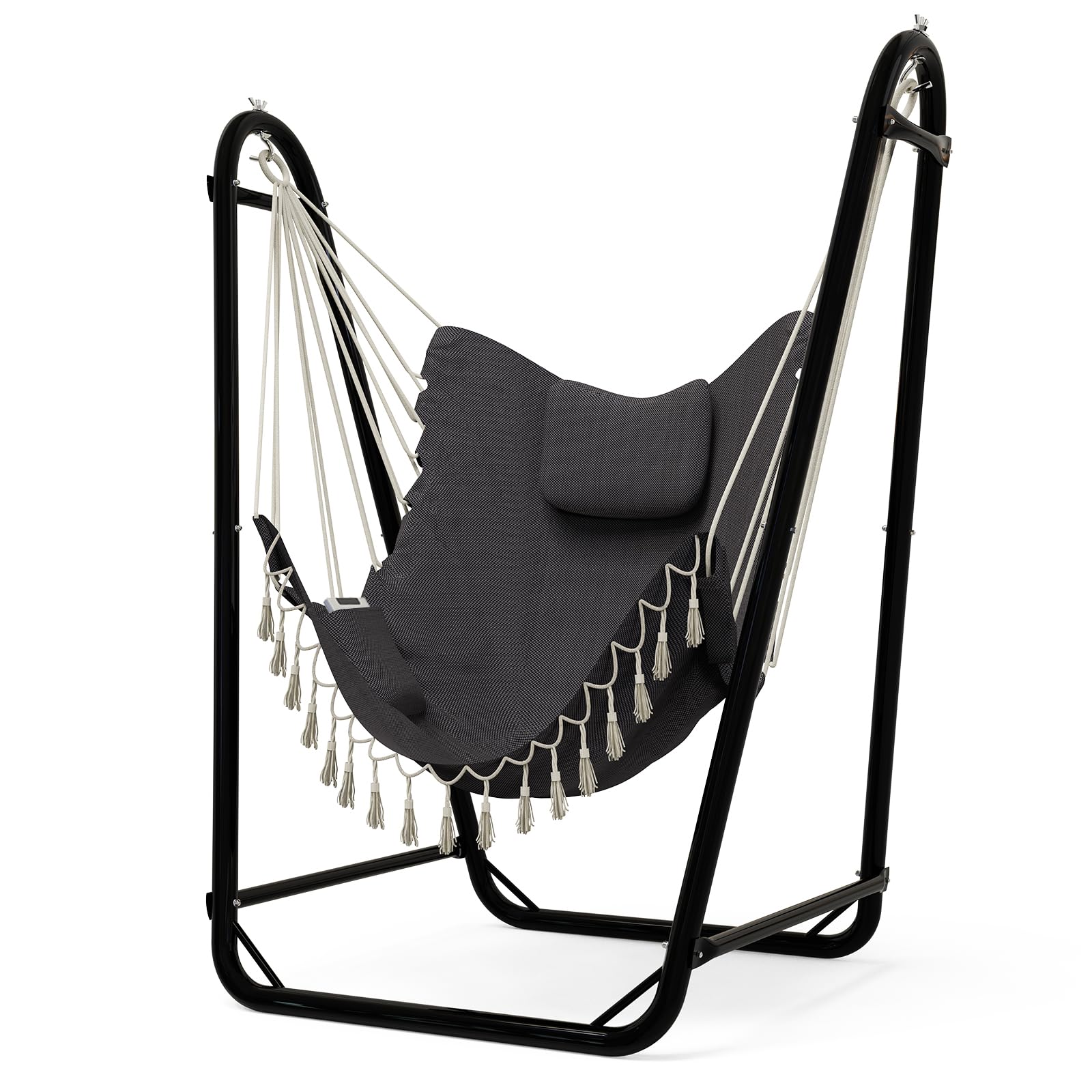 Unique U-Shaped Hammock Chair with Stand,Sturdy & Rust-Resistant,Free Gray Cotton Hammock Chair
