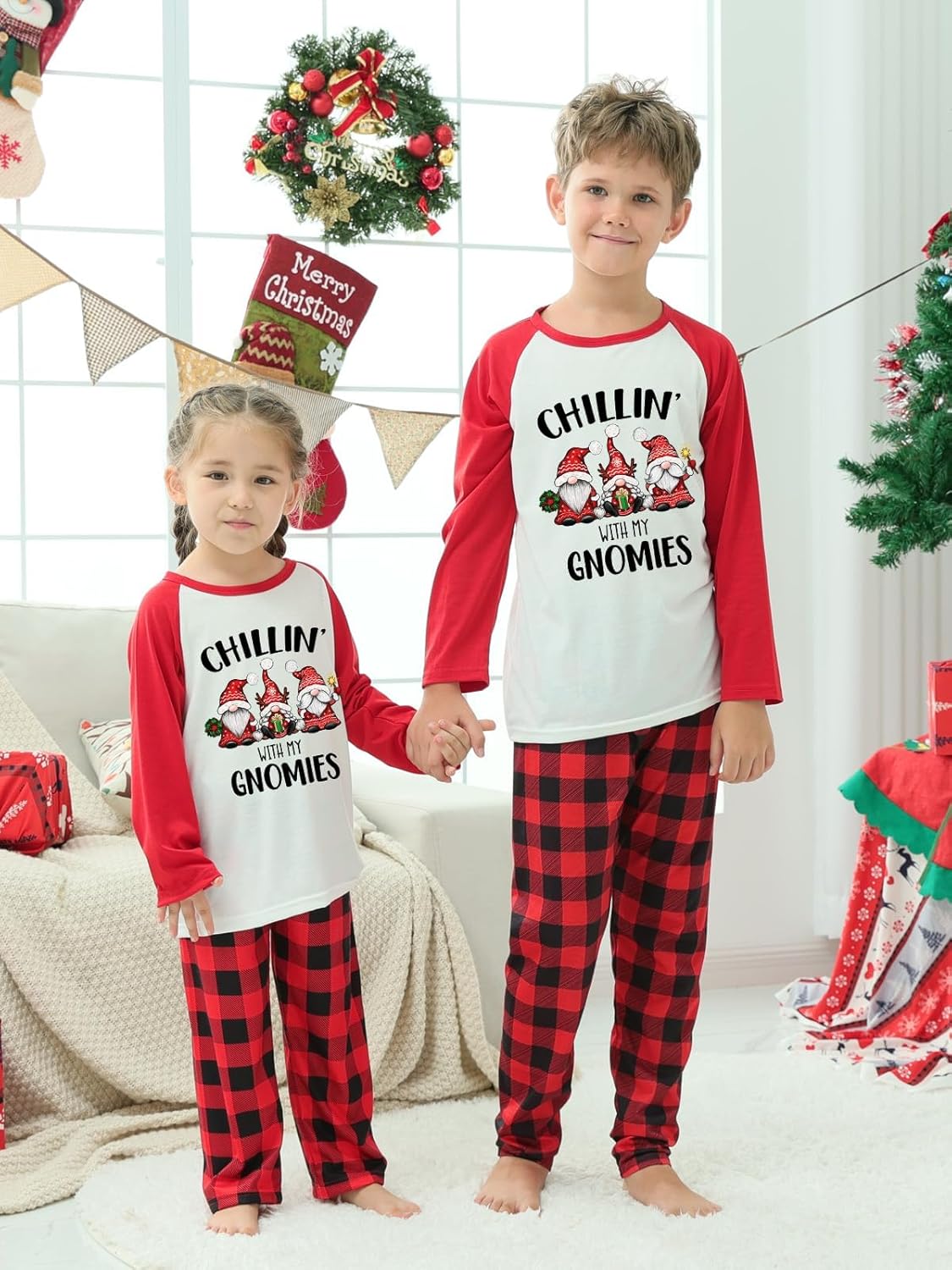 Matching Christmas Pajamas for Family/Couples, Plaid Pants with Christmas Tree Printed Tops Sleepwear, Xmas PJs Sets - Image 4