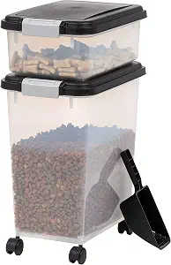 IRIS USA Dog Food Storage Container, 30 lbs & 11 lbs Combo, Cat Food Storage Container, Dog Treat Container, Airtight, Stackable, 2-Cup Scoop, Wheels, Easy Mobility, Black