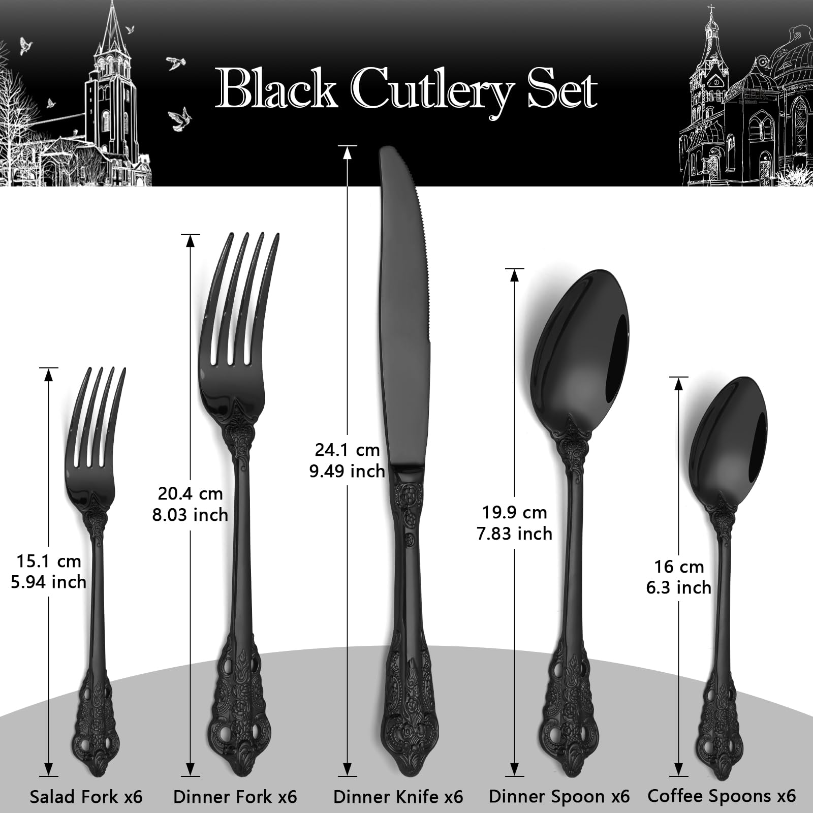 BEWOS Set Posate Palazzo d'Nere 30 Pezzi, Posate Acciaio Inox, Manici in Rilievo, Posate per Famiglia e Banchetti, Confezionati in Regalo, Lavabili in Lavastoviglie