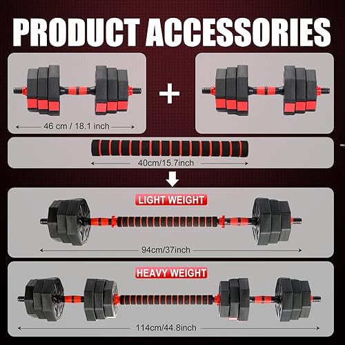 Miniatura 2 de Juego de mancuernas ajustables, juego de pesas libres de 5 a 44 libras con conector, mancuernas convertibles, pesas, levantamiento de pesas,