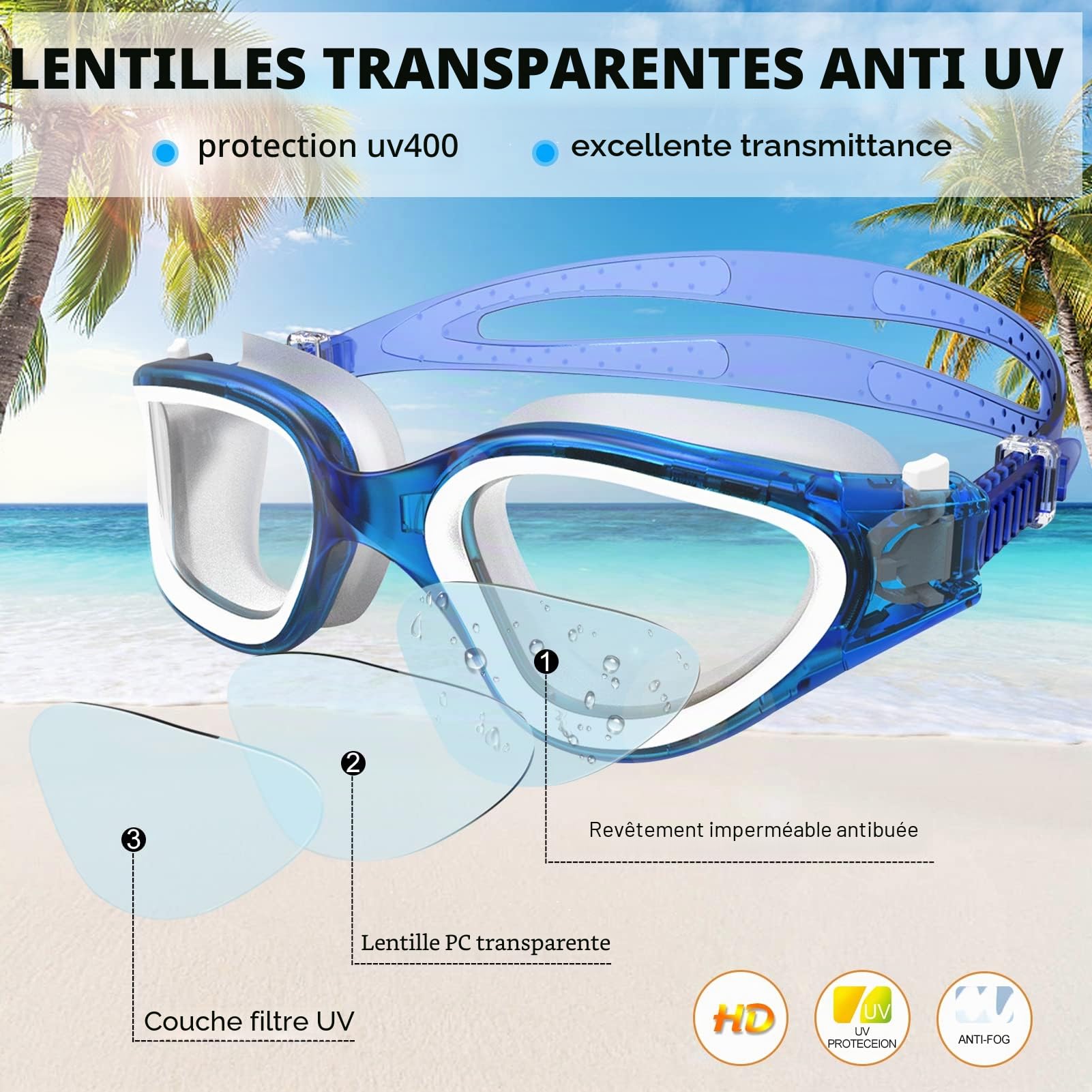 Winline Lunettes de natation à verres polarisés, Anti buée Anti UV Étanches Vision nette Réglage facile Pont souple, pour Hommes Femmes Adultes Adolescents