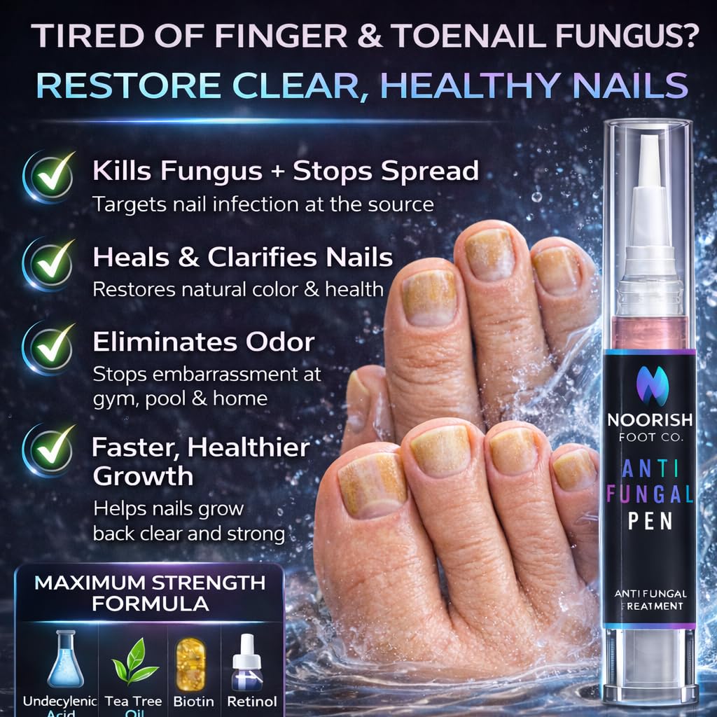 Nail Fungus Treatment Pen for Toenails & Fingernails - Antifungal Nail Repair with Undecylenic Acid, Biotin & Retinol - For Thick & Discolored Nails - 2 Pens + Glass Nail File - NOORISH FOOT CO.