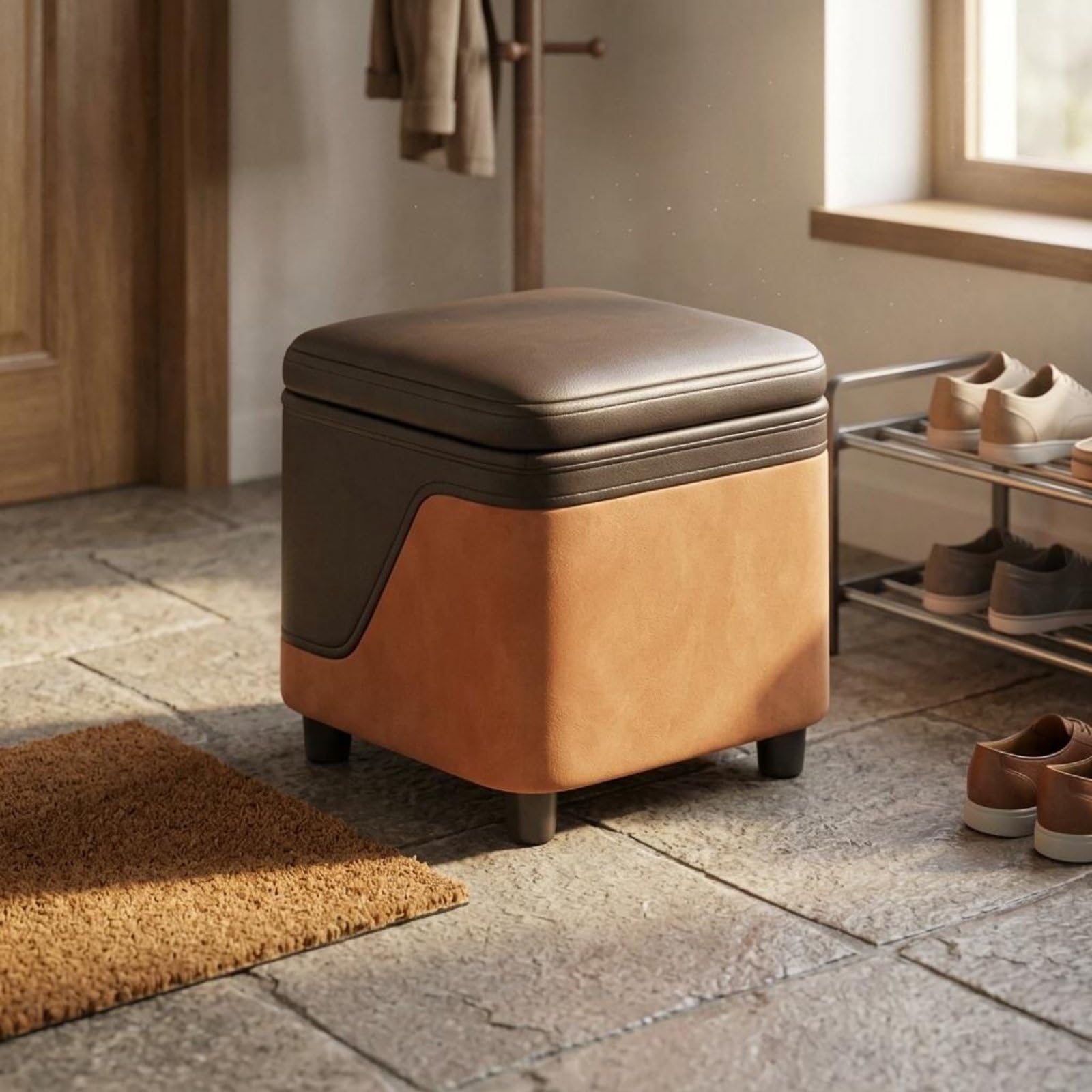 predolo Taburete Baúl Multiuso Puf con Almacenamiento Ahorra Espacio Baúl Tapizado con Tapa para Entrada, Salón, Dormitorio, Color to 4