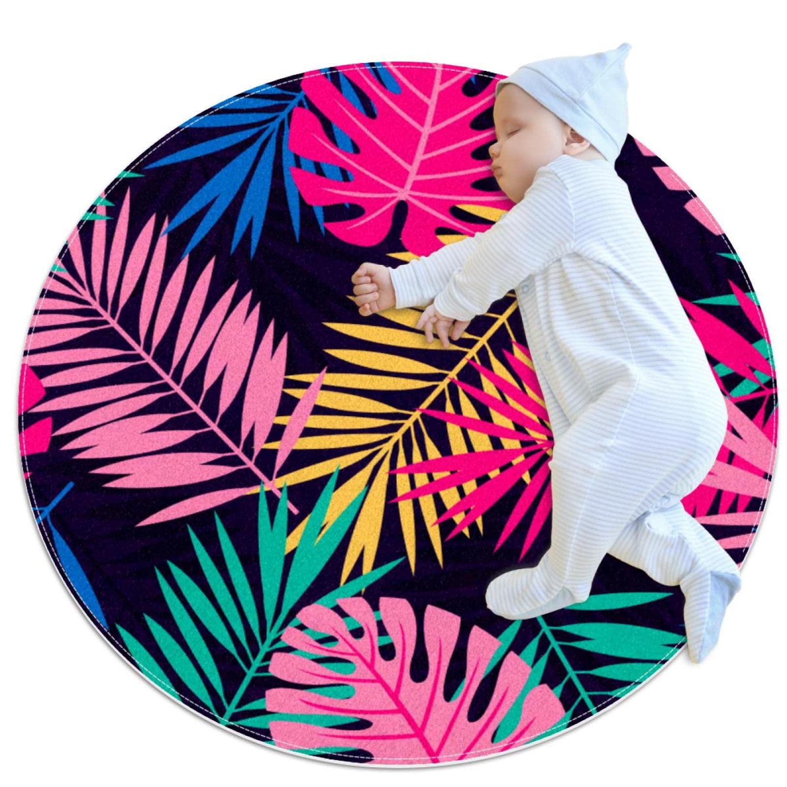 Tapis de salle de bain motif feuilles tropicales rond 1m pour chambre et canapé
