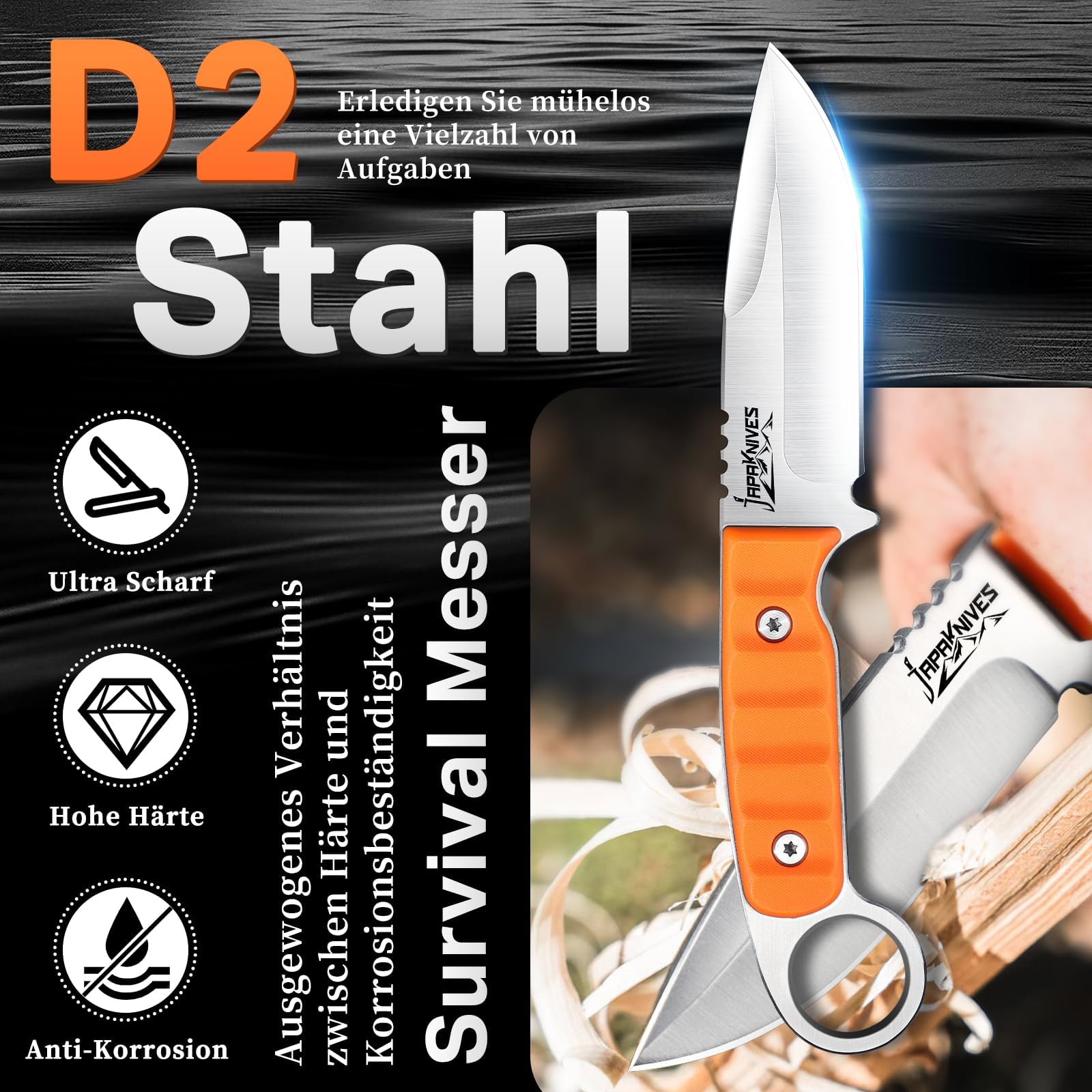 Japaknives Klein Outdoor Messer Feststehende Klinge 9cm Survival Messer G10 Griff Campingmesser für Angeln Bushcraft Wandern Orange