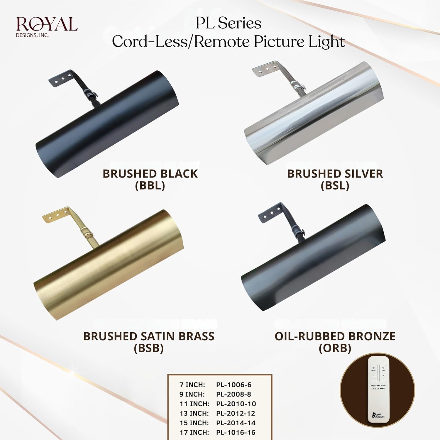 Royal Designs, Inc. Cordless Remote Control LED Picture Light, Dimmable with Timer Function, Brushed Satin Brass, 10.75 Inches