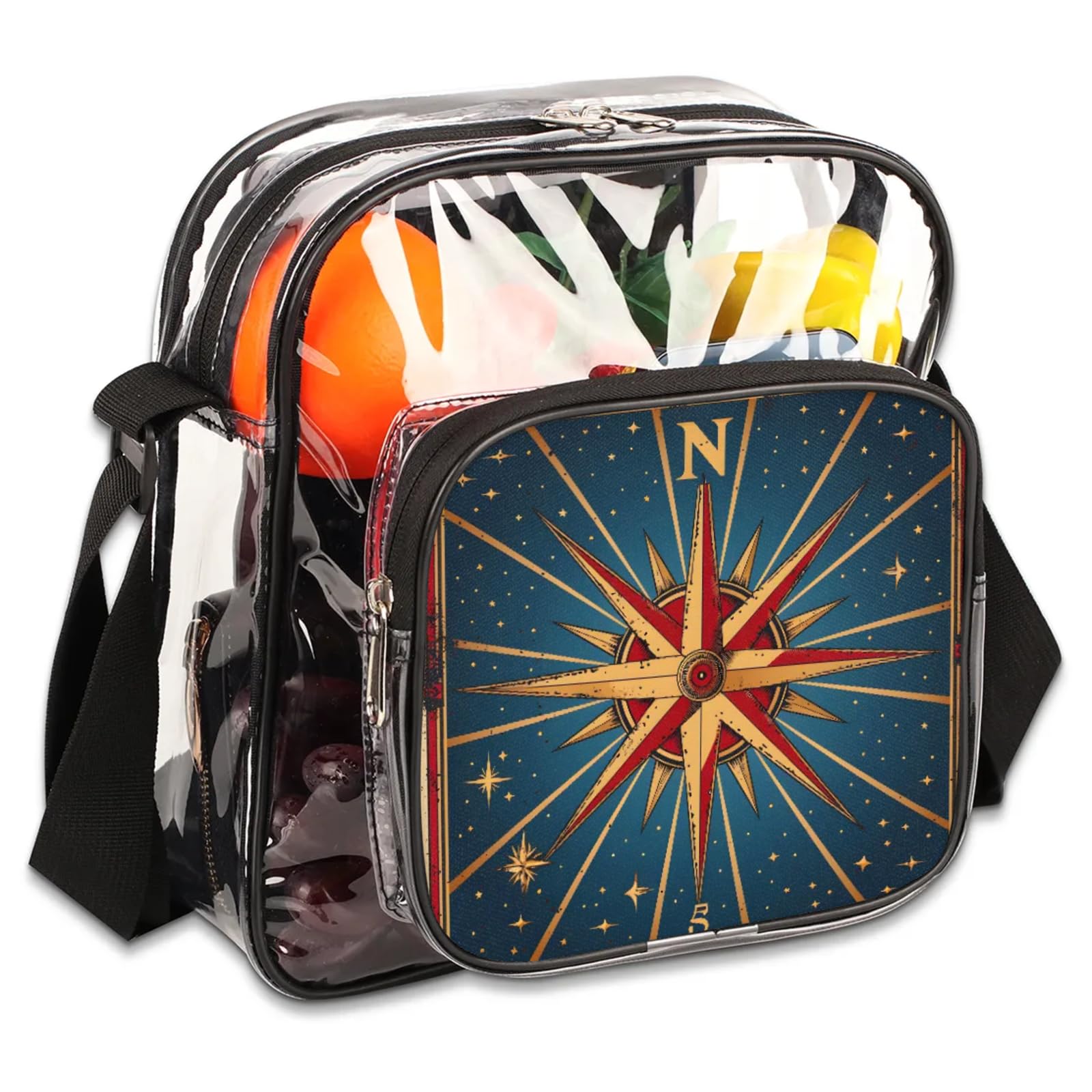 Clear Crossbody Bag Stadium Approved Ocean Compass Transparent Bag for Festivals, Sports Events, Concerts,Beach Bag for Women Men Clear Purse with Front Pocket Messenger Bag with Adjustable Strap