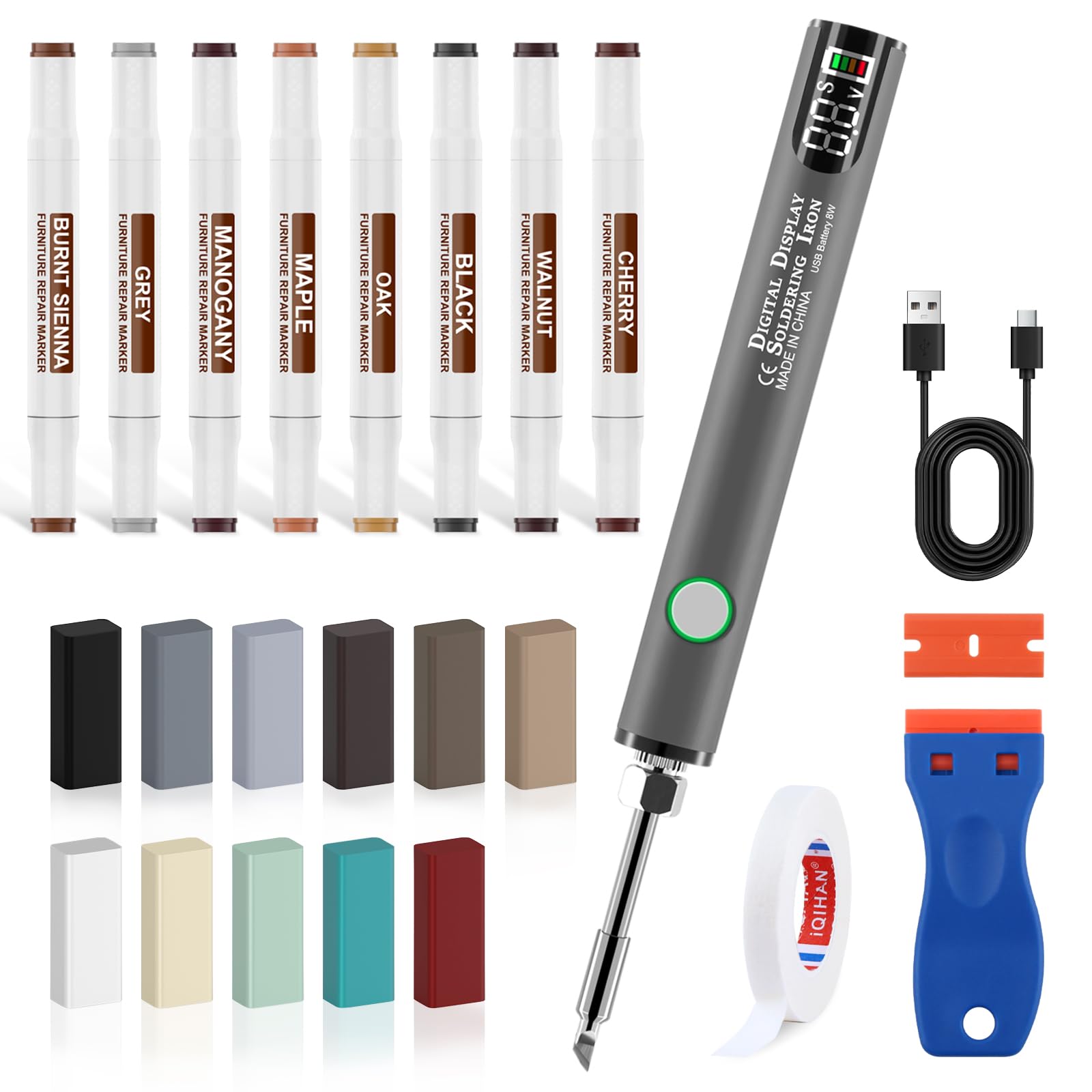 Fliesen Reparaturset, Keramik Reparatur mit Verbessert Wachsschmelzer Doppelspitze Ausbesserungsmarker -Hartwachs Set für Steingut, Kacheln, Marmor Reparatur auch für Holz Möbel Laminat Vinylboden